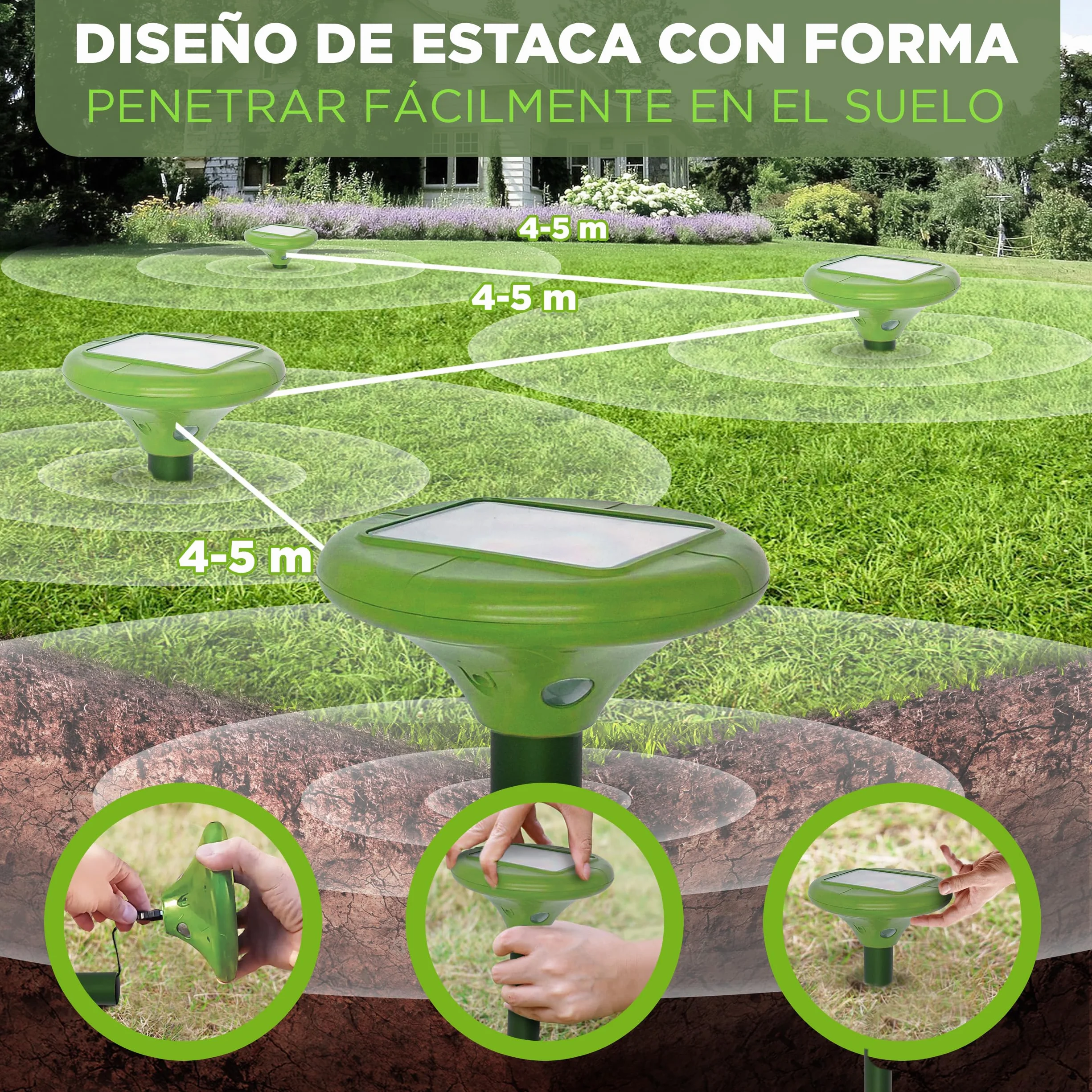 ISOTRONIC Repelente para Topos, topillos y Serpientes: Repelente Solar con estaca para jardín con Alcance Efectivo de 1250 m² (3 Unidades).