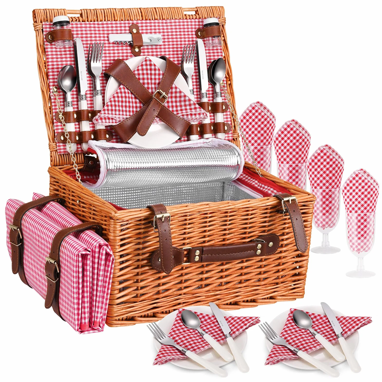 Cesta Picnic 4 Personas, Set de Picnic de Mimbre con Bolsa Aislante, Manta de Picnic Impermeable y Juego de Cubiertos, Cesta de Picnic para Camping, Rosa