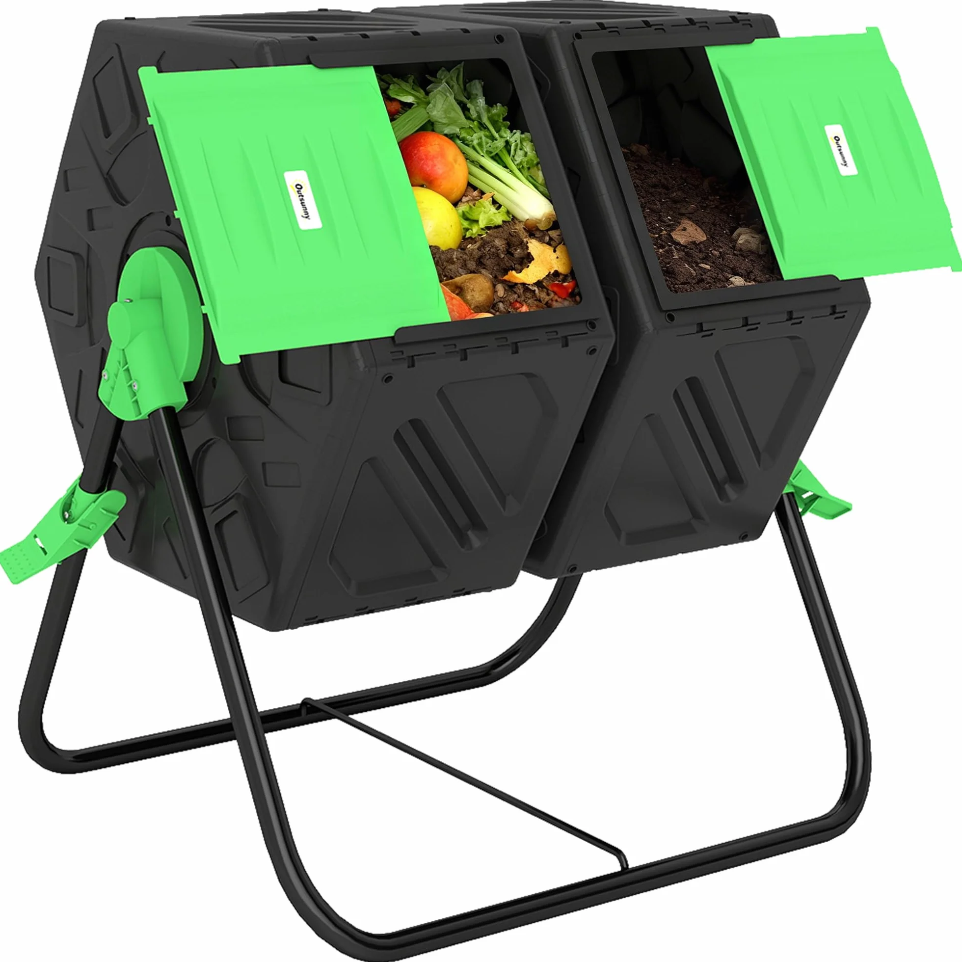 Outsunny Compostador Giratorio de 130L Contenedor de Compostaje de Jardín de Doble Cámara Compostadora con Aberturas de Ventilación y Patas de Acero 67x60x77 cm Negro