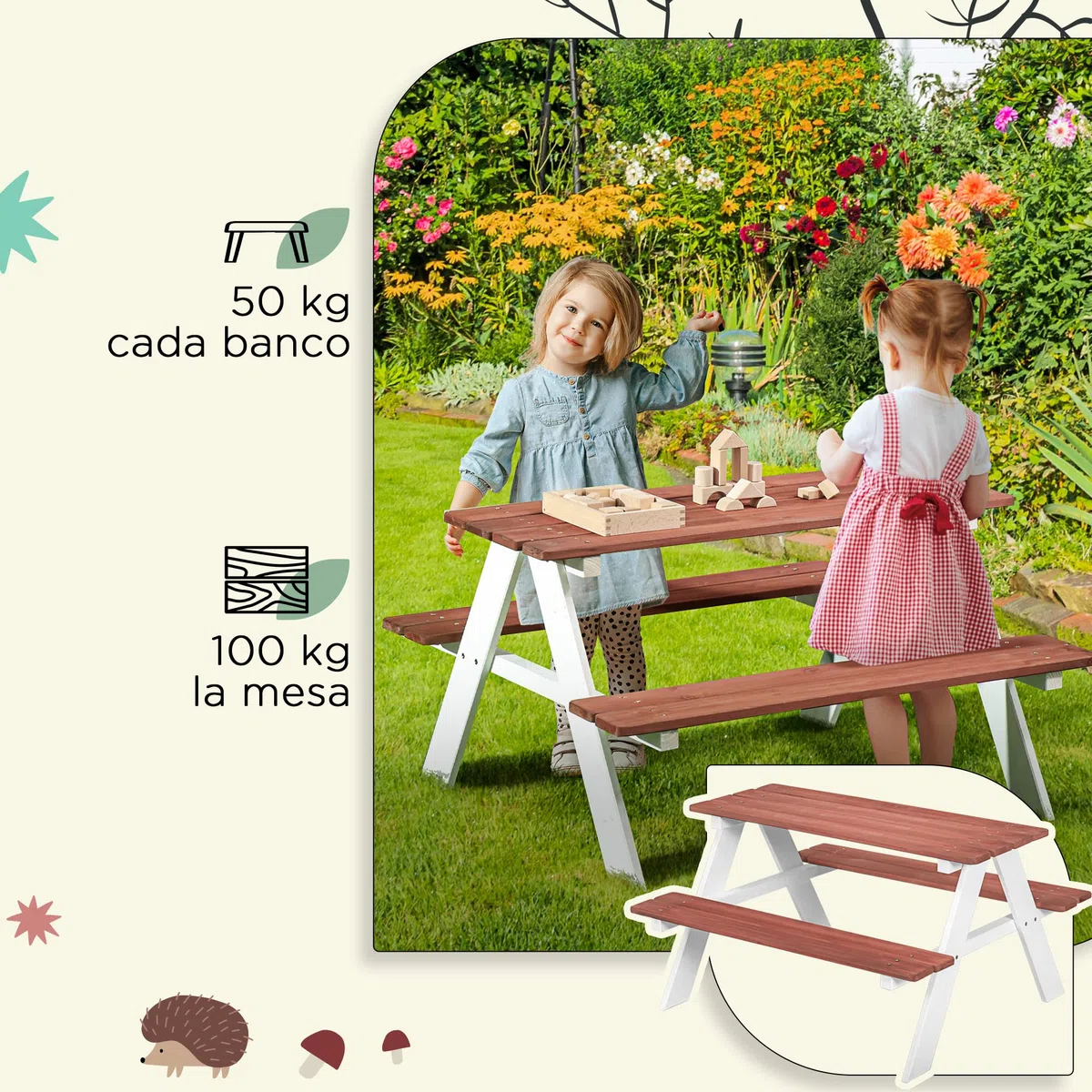 Outsunny Juego de Mesa y 2 Bancos Infantiles de Madera Mesa de Picnic para Niños de 3-8 Años para Jardín Patio Terraza 89x79x50 cm Marrón