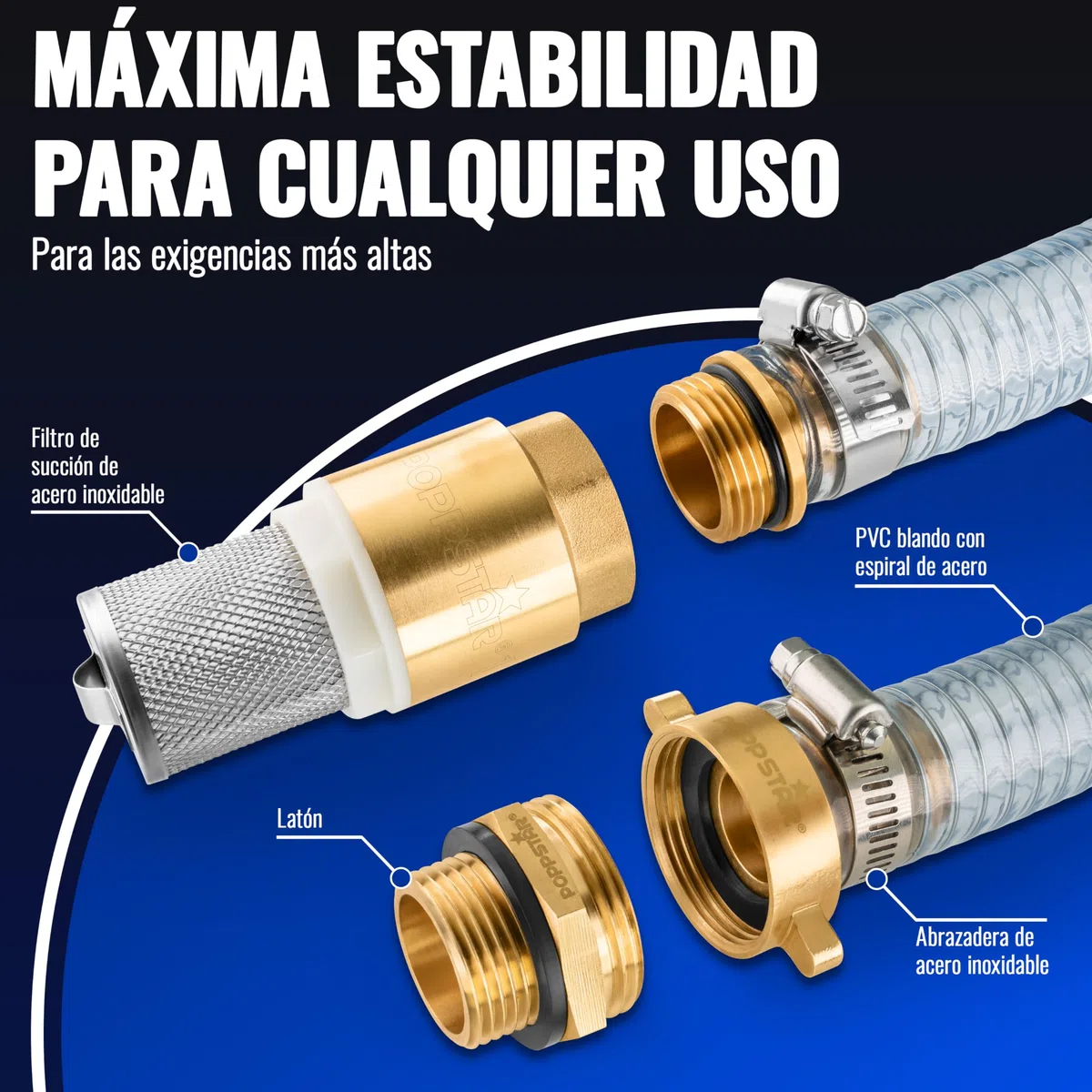 Manguera aspiración 1" 7m, diám. int./ext. 25/33mm, grosor pared 4mm, incl. cesta aspiración inox con válvula retención, tuerca unión 1 1/4" (41,9mm) diám. int. y reductor diám. ext. 1" (33,3mm)