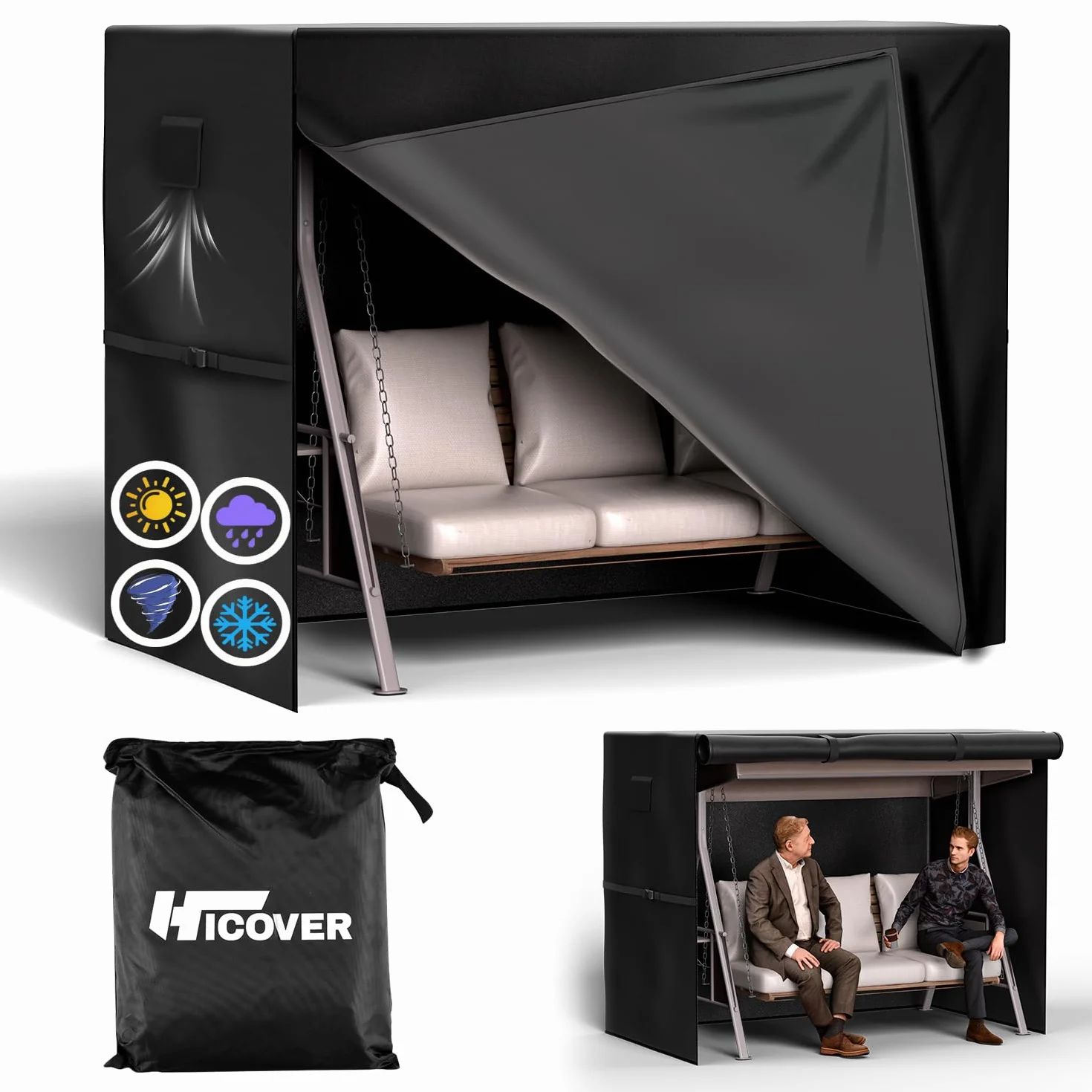 Fundas para columpio de jardín de 3 plazas, impermeables, de tela Oxford 600D, para exteriores, resistente al viento, anti-UV, para patio, jardín, hamaca con cremalleras impermeables