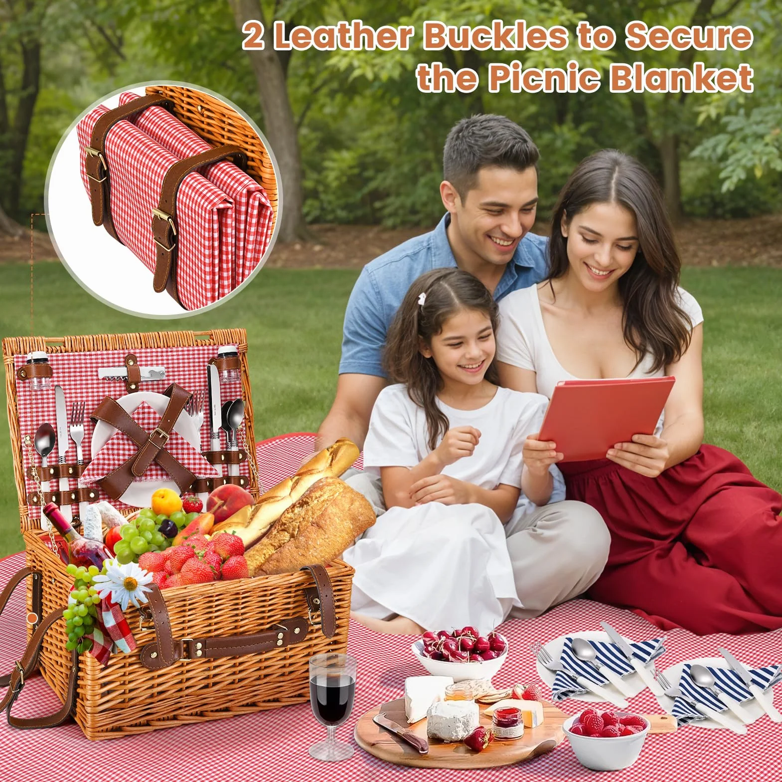 Cesta Picnic 4 Personas, Set de Picnic de Mimbre con Bolsa Aislante, Manta de Picnic Impermeable y Juego de Cubiertos, Cesta de Picnic para Camping, Rosa