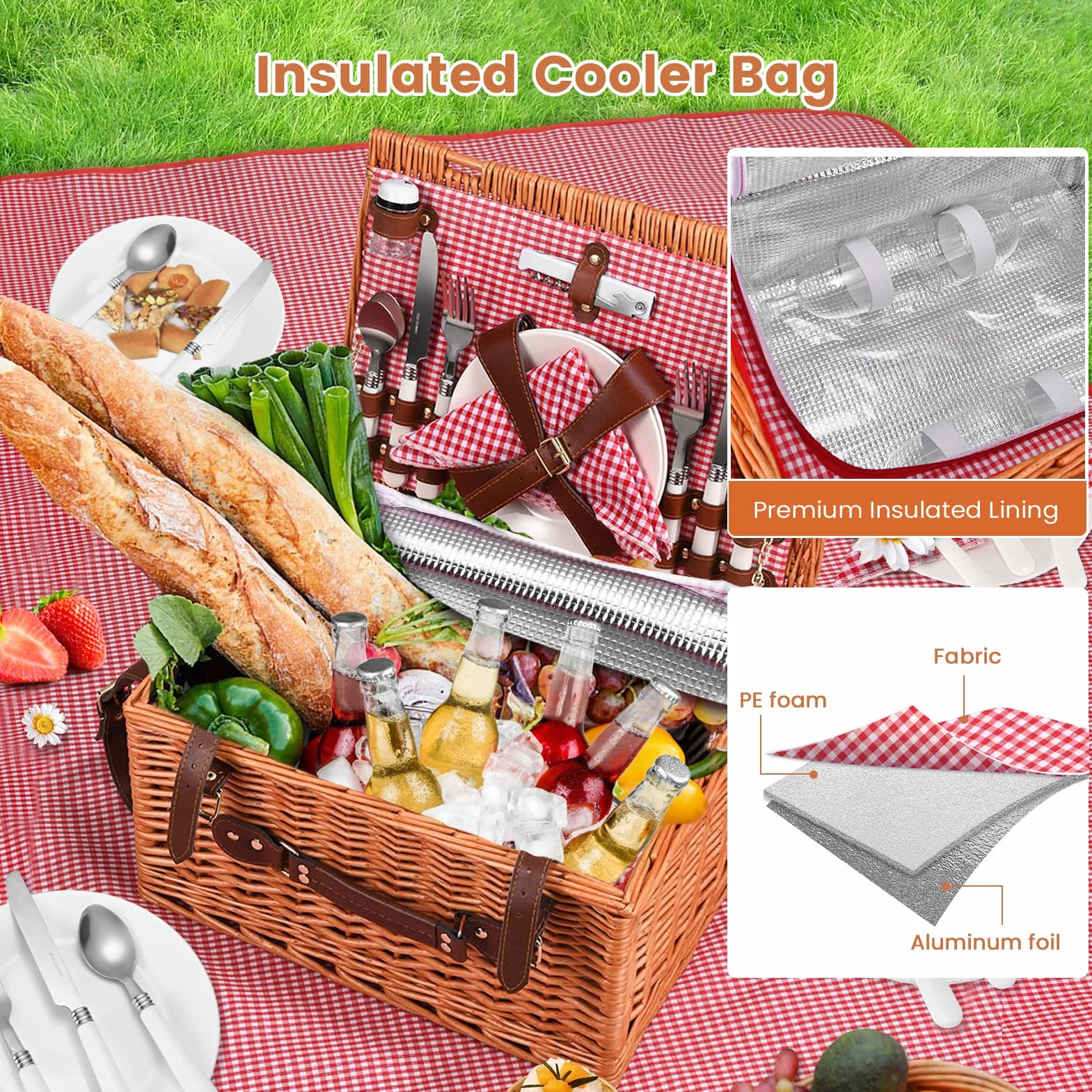 Cesta Picnic 4 Personas, Set de Picnic de Mimbre con Bolsa Aislante, Manta de Picnic Impermeable y Juego de Cubiertos, Cesta de Picnic para Camping, Rosa