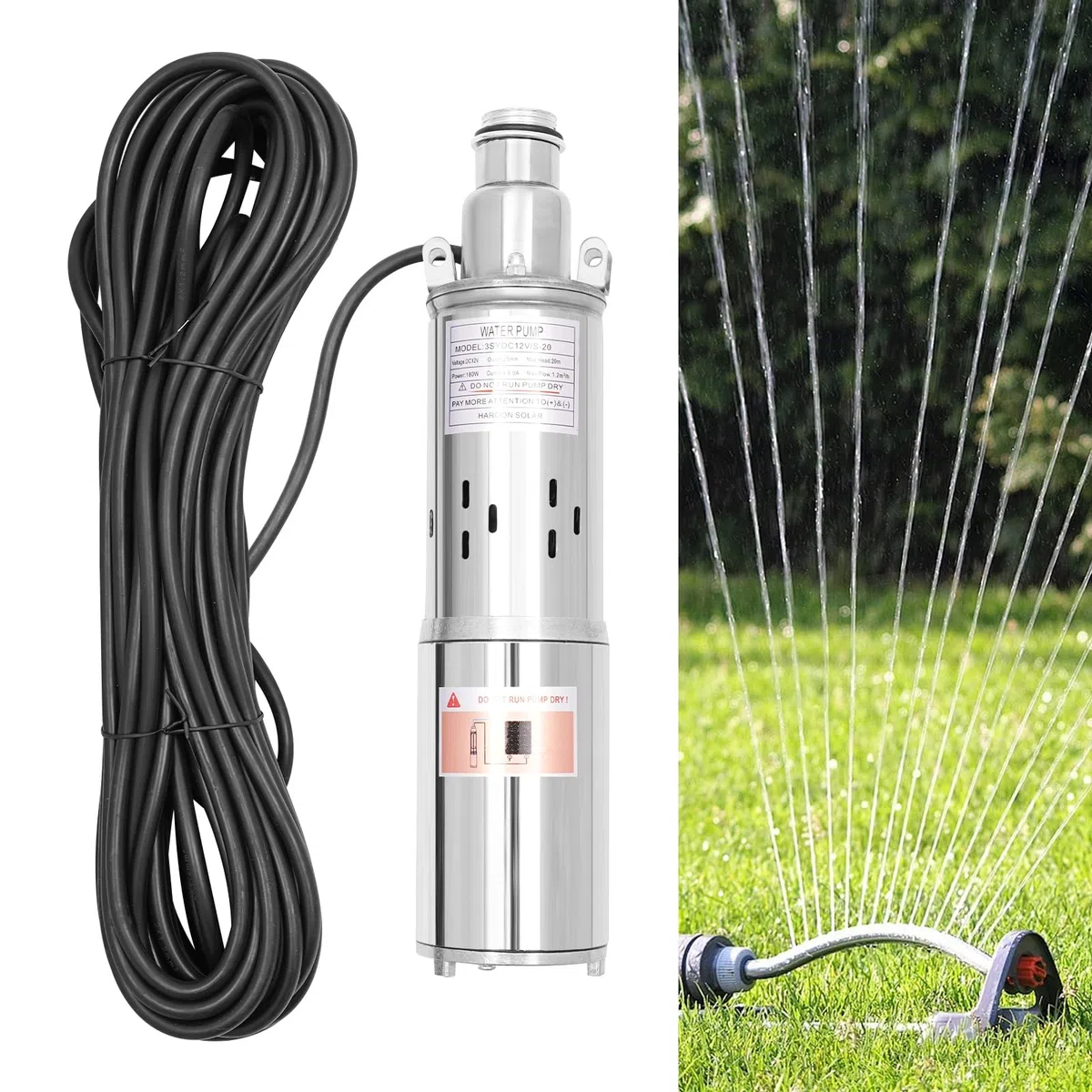 Bomba de Pozo Profundo Motor 180 W 1200 L/h, Bomba Sumergible agua Profundo de acero inoxidable 3000 rpm, Bomba de Agua Solar, Altura Máxima 20 m, Caudal 1,2 m³, IP68