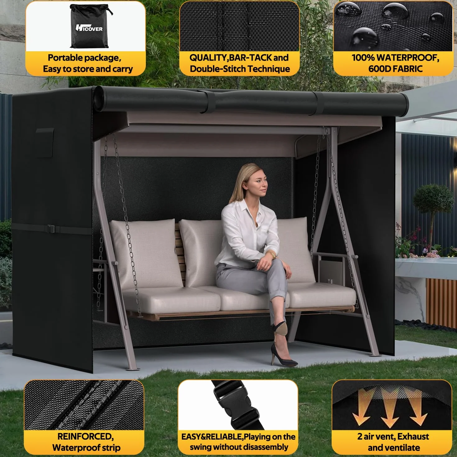Fundas para columpio de jardín de 3 plazas, impermeables, de tela Oxford 600D, para exteriores, resistente al viento, anti-UV, para patio, jardín, hamaca con cremalleras impermeables