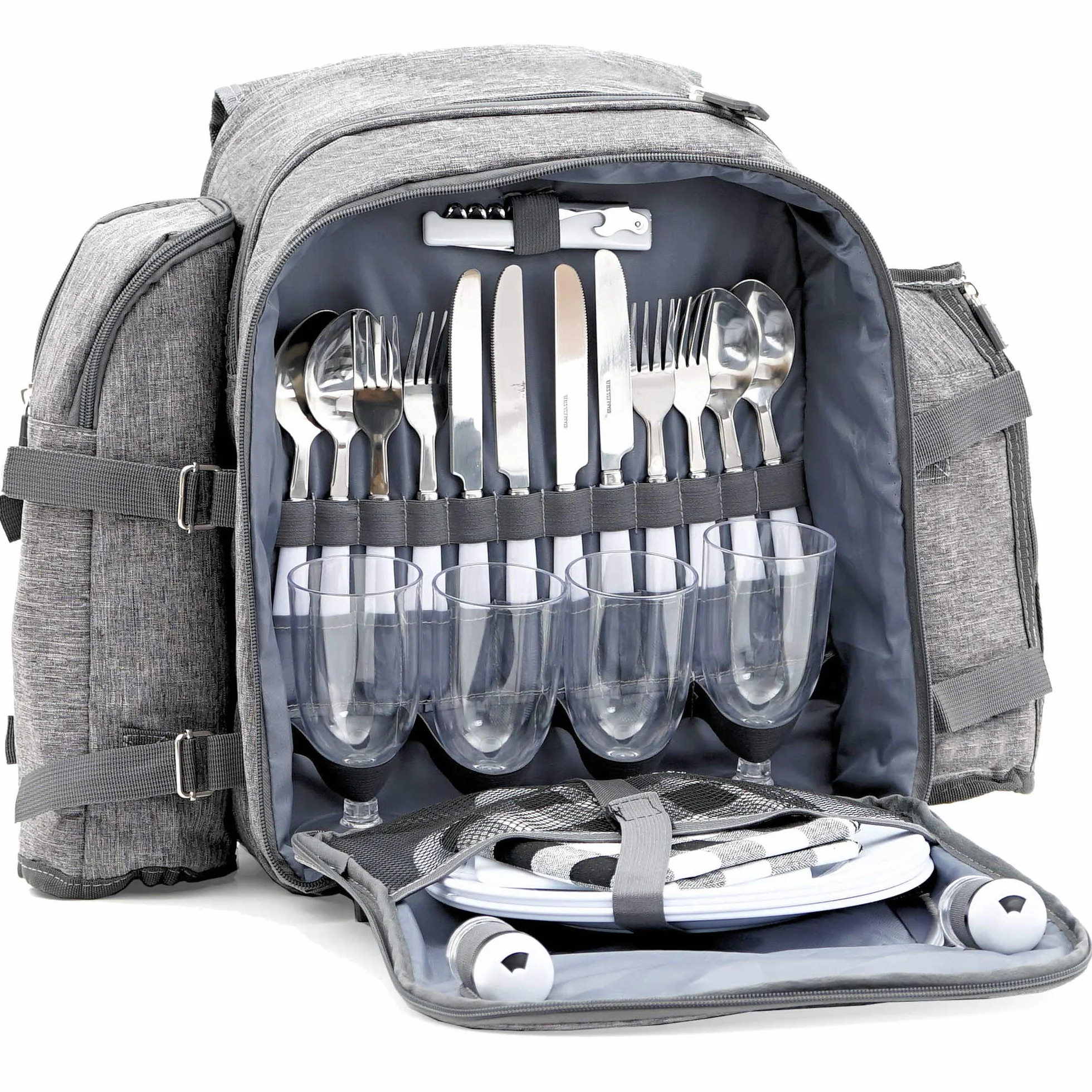 CampFeuer Mochila de Picnic I 4 Personas I 32 Piezas I Color Gris I Portabotellas I Manta Picnic I Compartimento Frigorífico I Vajilla I Cubiertos