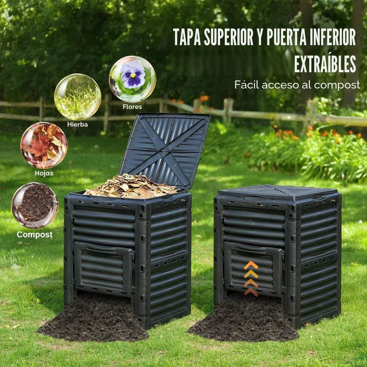 VEVOR Compostador de Jardín 300 L sin BPA Contenedor de Abono para Exteriores con Tapa Puerta Inferior Gran Capacidad Fácil de Instalar para Recolectar Hojas Compostaje Creación Rápida Suelo Fértil