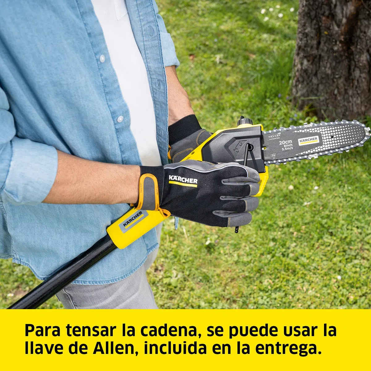 Kärcher 18 V Motosierra pértiga PSW 18-20, longitud de espada: 20 cm, largo: hasta 2,90 m, lubricación de cadena automática, máx. 80-160 cortes, compatible con batería 18 V Kärcher, batería no incl