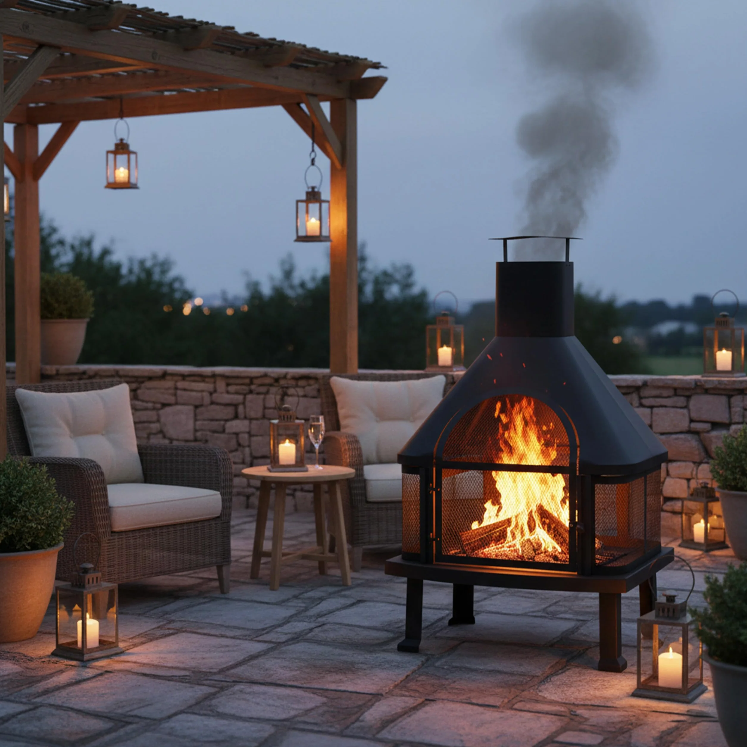 Relaxdays Chimenea exterior con parrilla, Protección contra chispas, Atizador, Acero, 110 x 63 x 51 cm, Negro