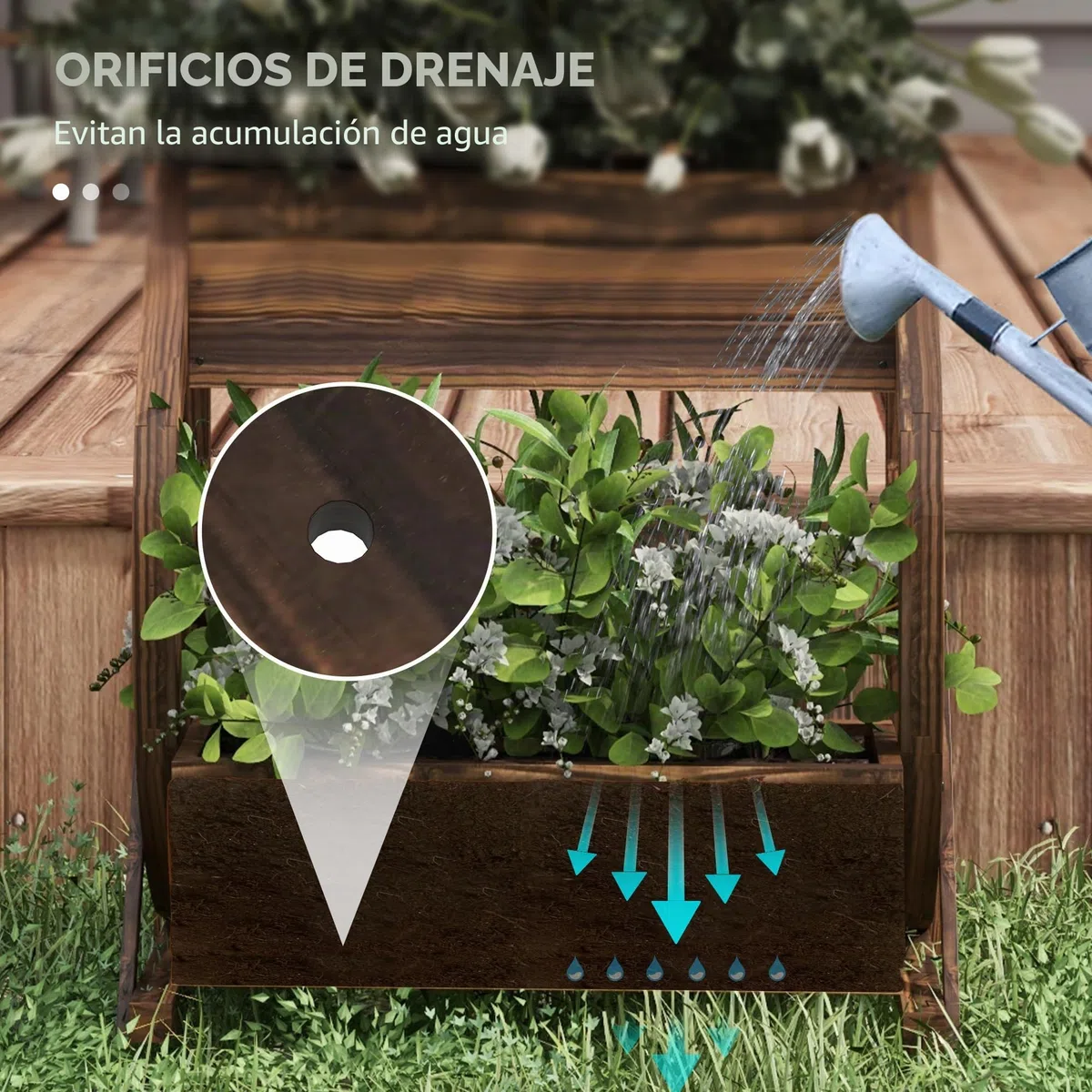 Outsunny Jardinera de Madera para Exterior de 2 Niveles, Huerto Elevado con 2 Macetas y Ruedas de Carreta Estilo Campestre, 55x32x56cm