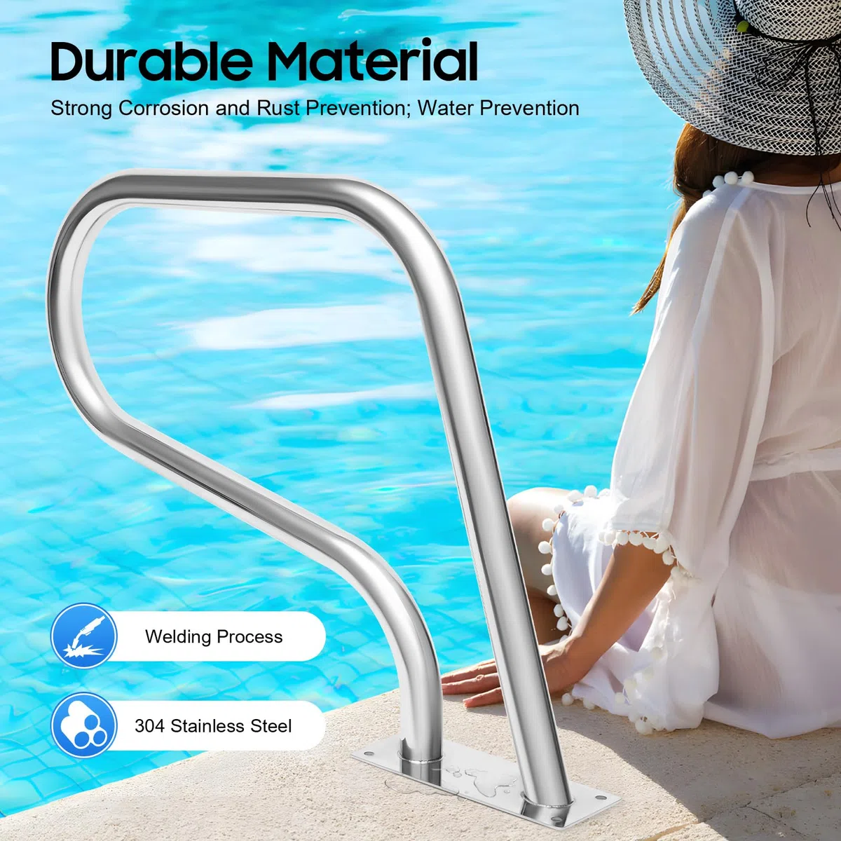 Barra de apoyo de piscina de acero inoxidable, pasamanos de piscina, diseño curvo, para piscinas, spas, parques acuáticos, etc. Carga máxima: 130 kg, plata