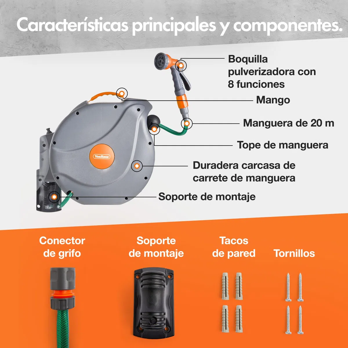 VonHaus Enrollador de Manguera de 20 m: Enrollador de Manguera de pared para Jardín, Retráctil, con Bloqueo Automático, incluye Accesorios de Montaje y pistola rociadora con 8 funciones