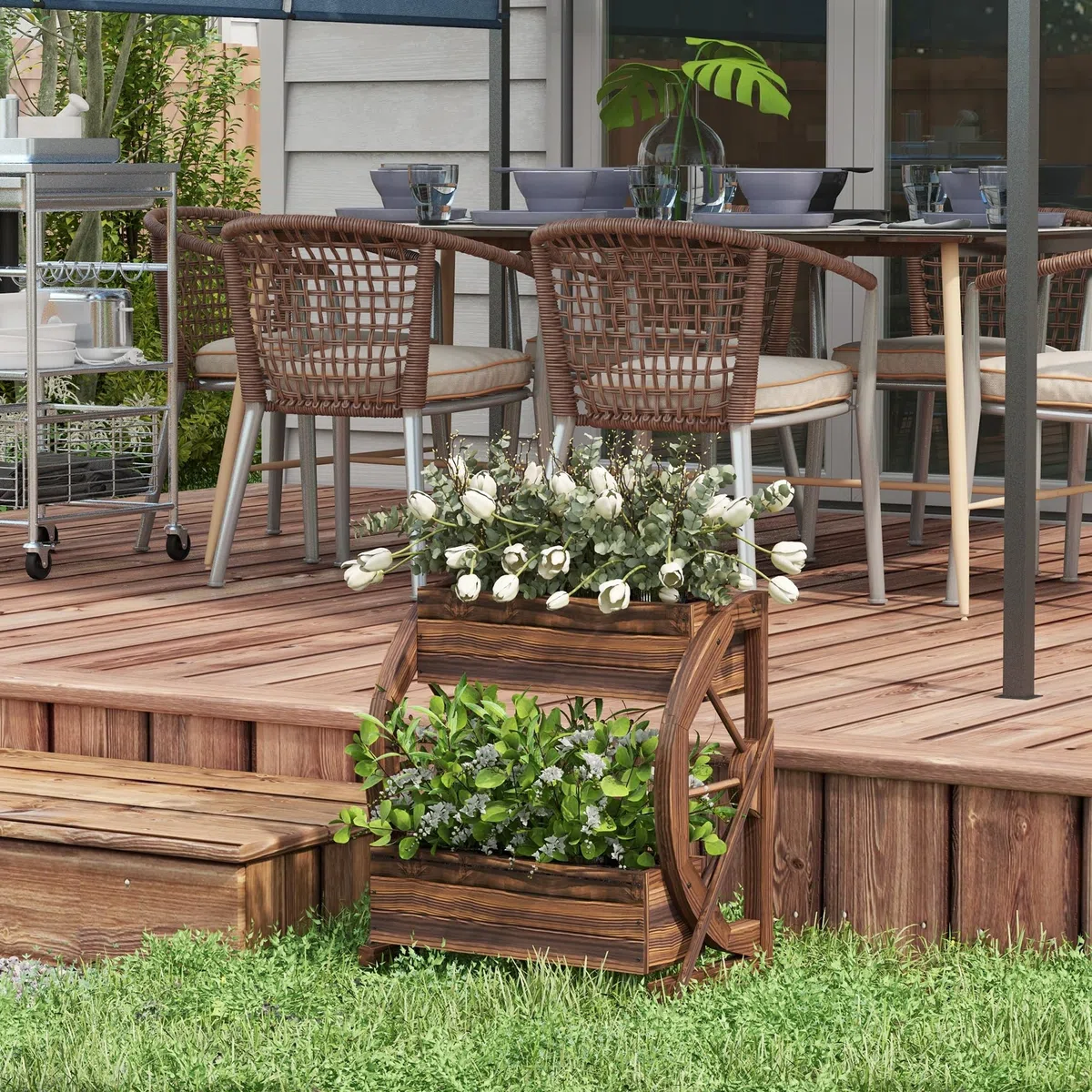 Outsunny Jardinera de Madera para Exterior de 2 Niveles, Huerto Elevado con 2 Macetas y Ruedas de Carreta Estilo Campestre, 55x32x56cm