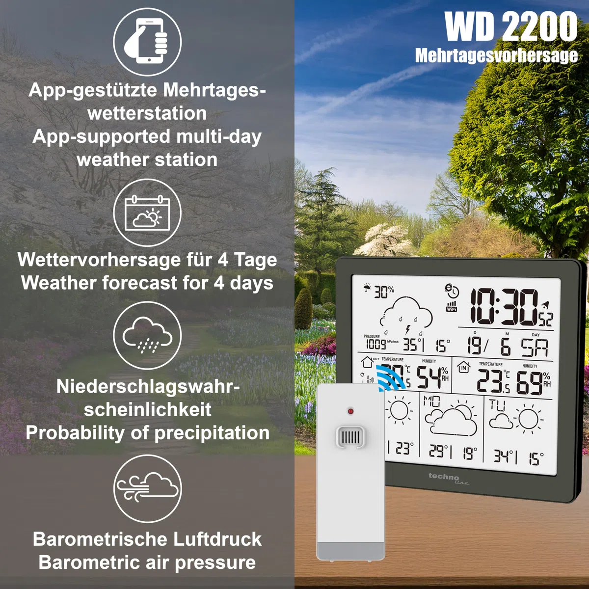 Techno Line WD2200 - Estación Meteorológica con 3 Días de Previsión Meteorológica, Incluye Transmisor Exterior, Datos en la Estación y en el Móvil (App Direct Weather)