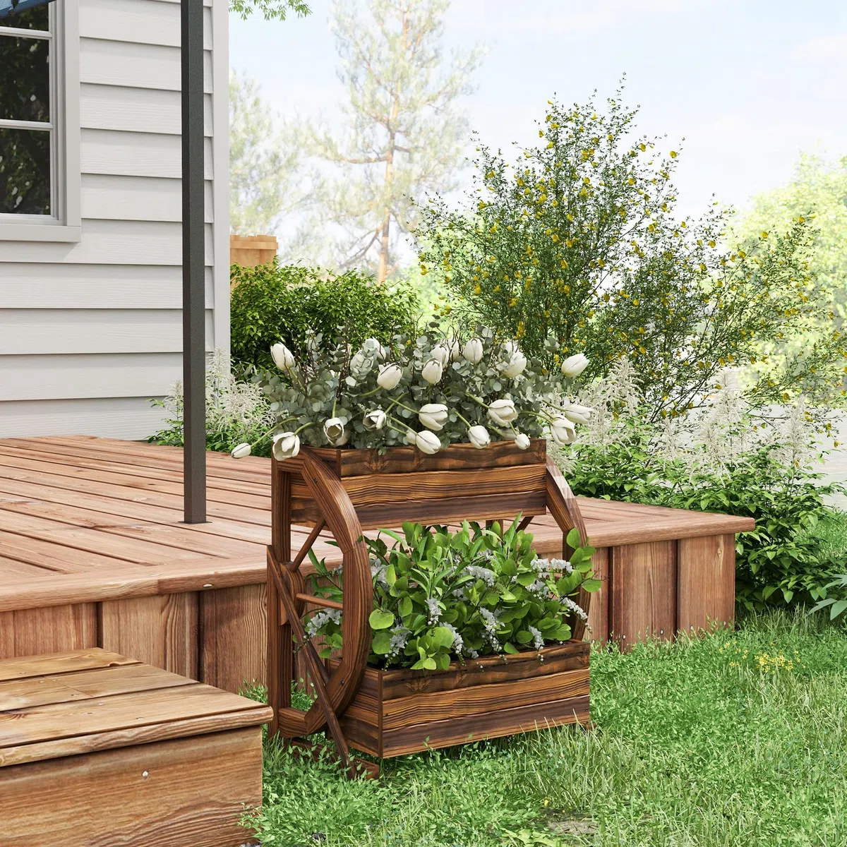 Outsunny Jardinera de Madera para Exterior de 2 Niveles, Huerto Elevado con 2 Macetas y Ruedas de Carreta Estilo Campestre, 55x32x56cm