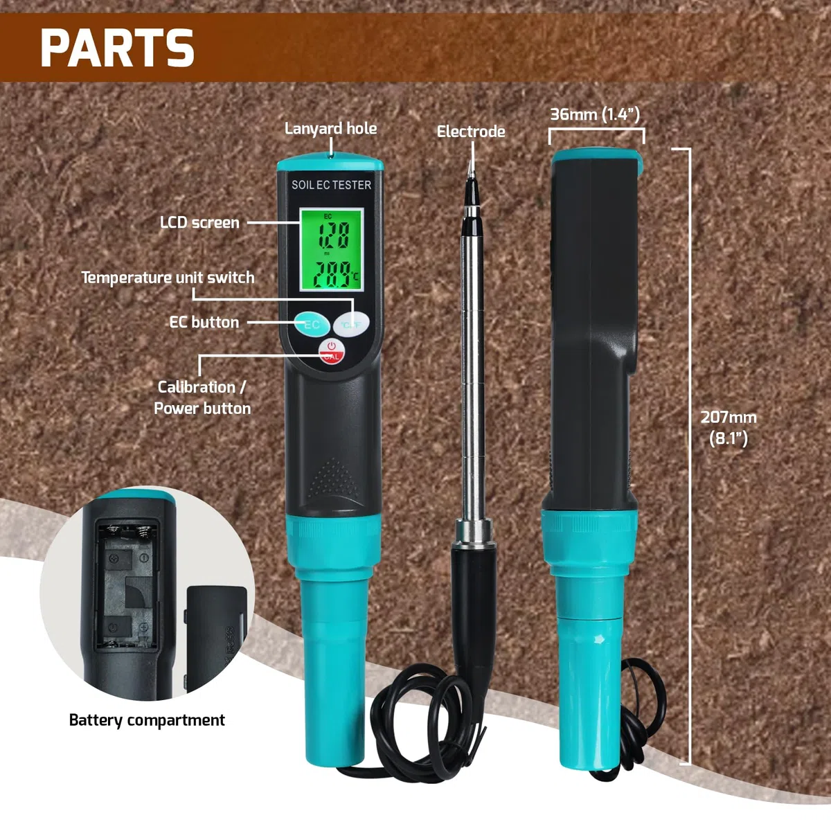 Medidor Portátil de CE y Temperatura del Suelo - Analizador de Fertilidad y Conductividad para Plantas, Jardinería, Invernaderos (Interior/Exterior) IP67