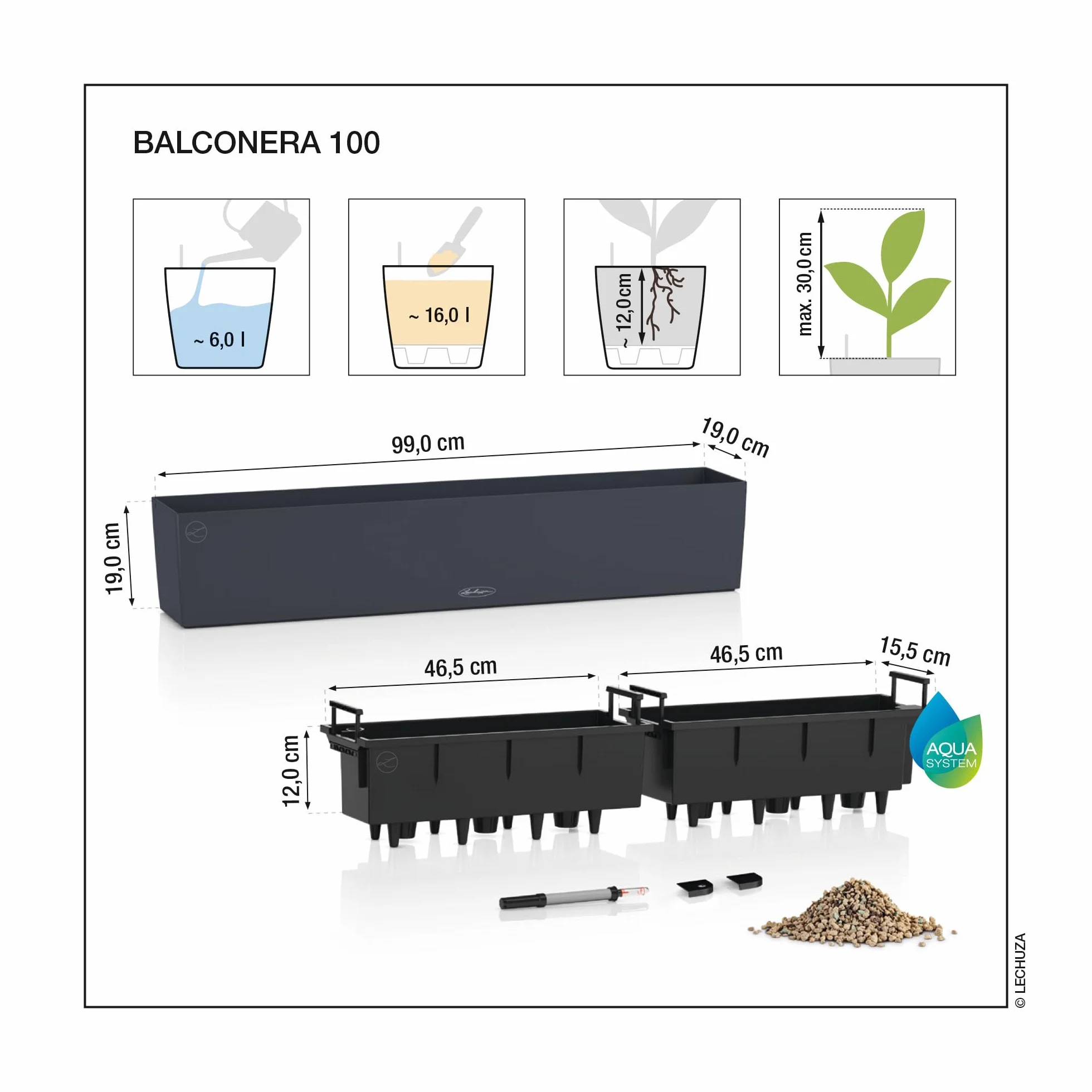 Lechuza - Macetero Balconera Cottage 100 Mokka, con Sistema de riego, indicador de Nivel de Agua e inserción, Aspecto Trenzado, 99 x 19 x 19 cm, 15912
