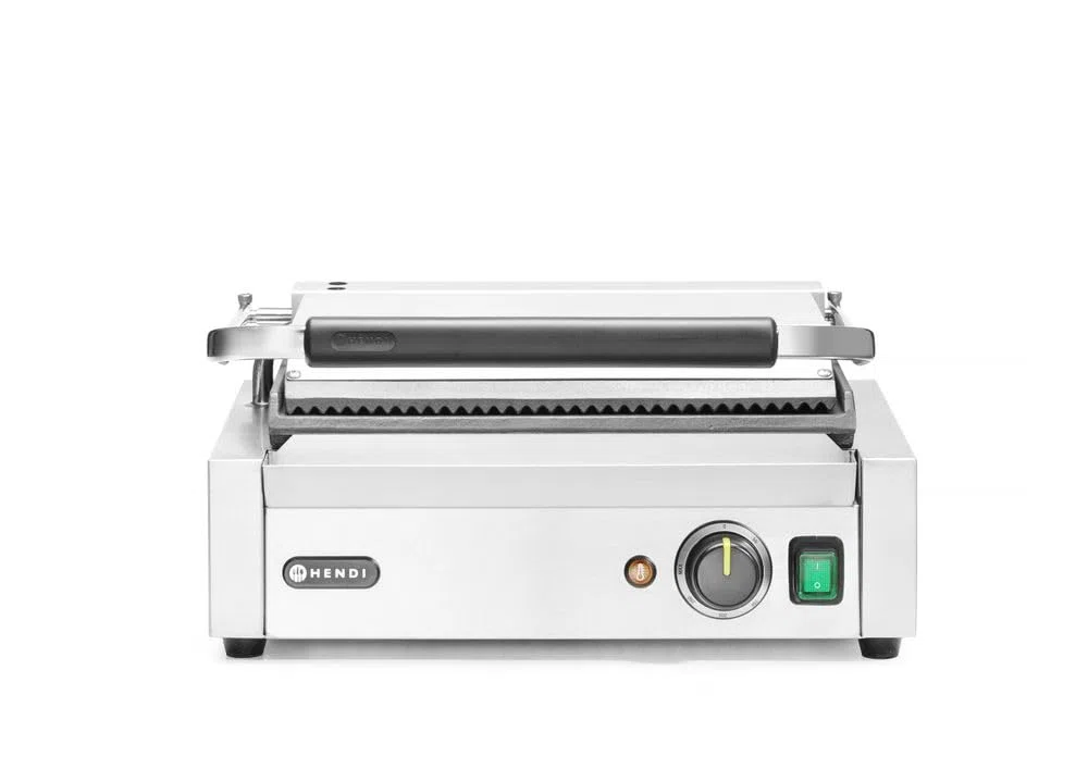 HENDI Parrilla Eléctrica de Contacto, Grill/Plancha Panini y Sandwichera Profesional, Placas Acanaladas y Lisas de Hierro Fundido Esmaltado, 230V, 2200W, 430x375x(H)216mm, Acero Inoxidable