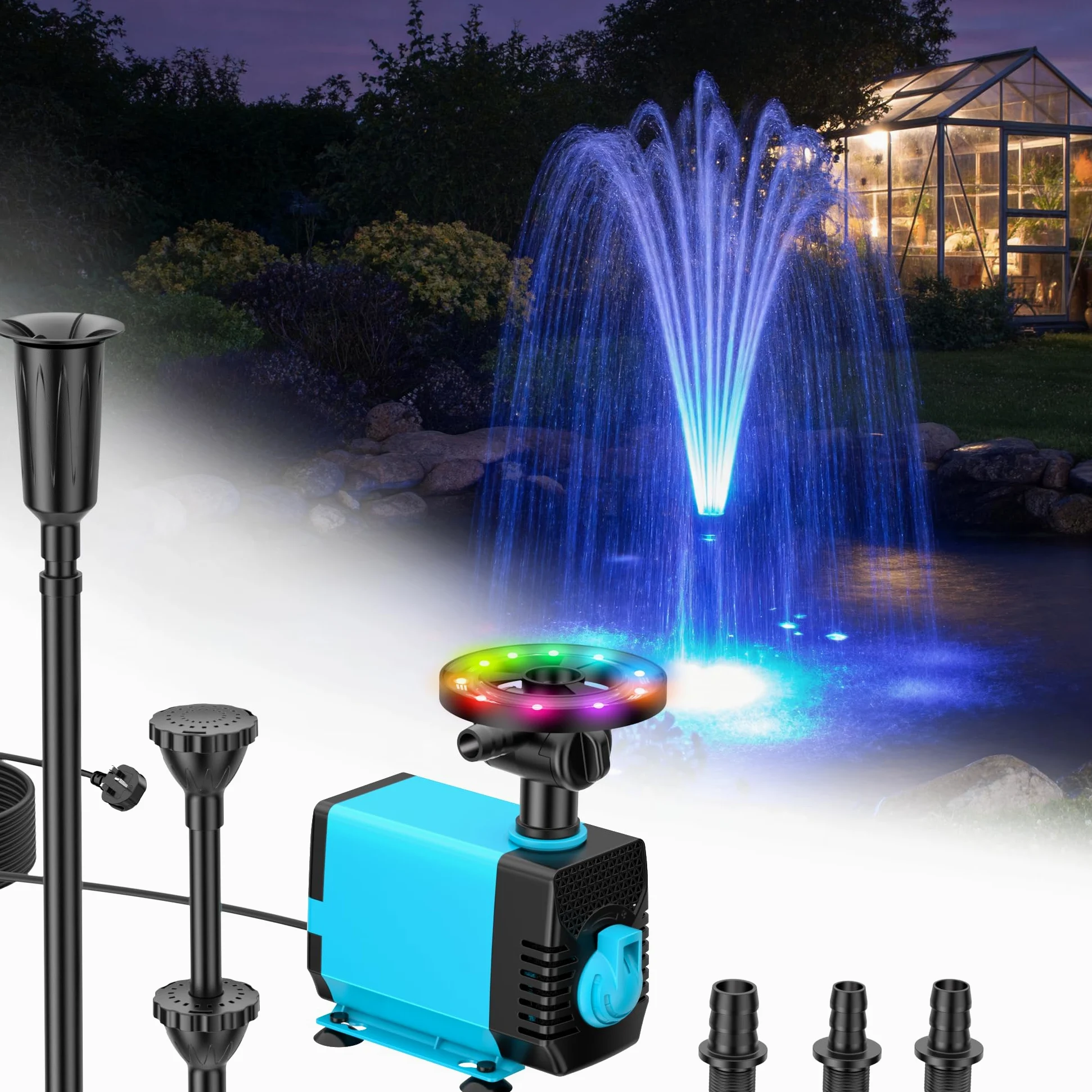 POPOSOAP Fuente para Estanque con Luces RGB - Bomba Sumergible 40W, Caudal 2100 l/h, Altura y Caudal Ajustables para Decoración Diurna y Nocturna del Estanque y Mejora de la Calidad del Agua