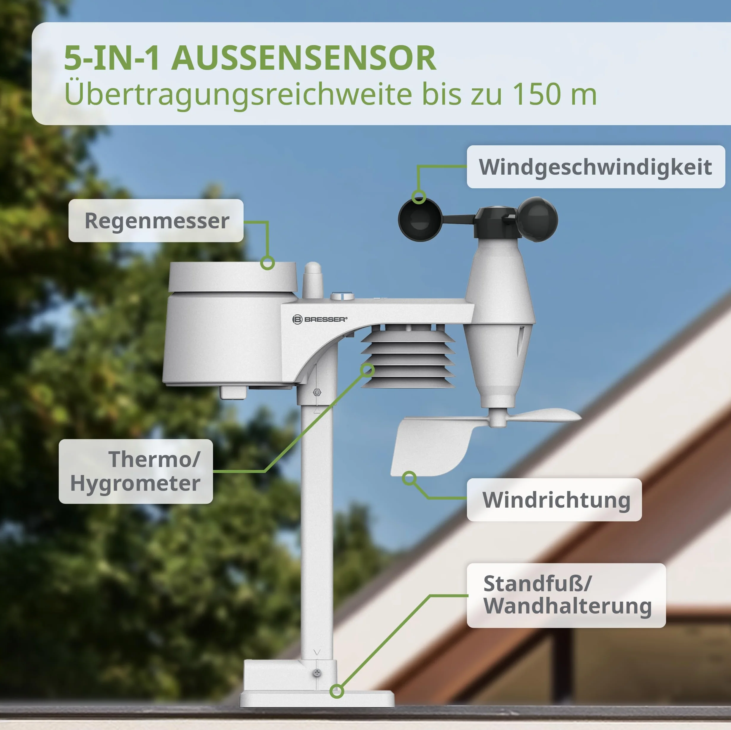 Bresser Beaufort Estación meteorológica Wireless con sensor exterior, 5 en 1: temperatura, humedad, viento, presión atmosférica y precipitaciones