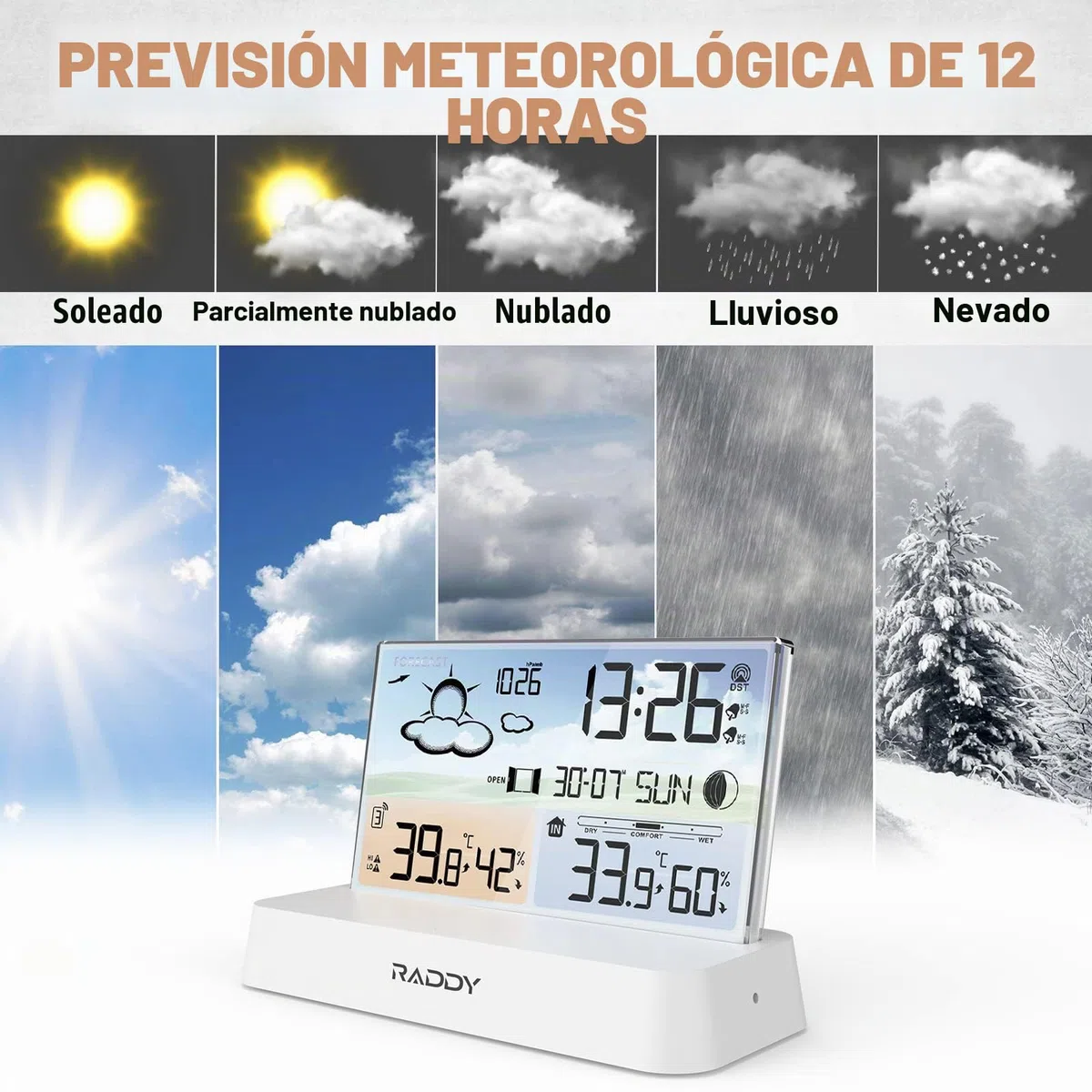 Raddy DT6 Estación meteorológica para interiores y exteriores, reloj de radio DCF, termómetro higrómetro para, estación meteorológica para el hogar con pronóstico del tiempo y barómetro