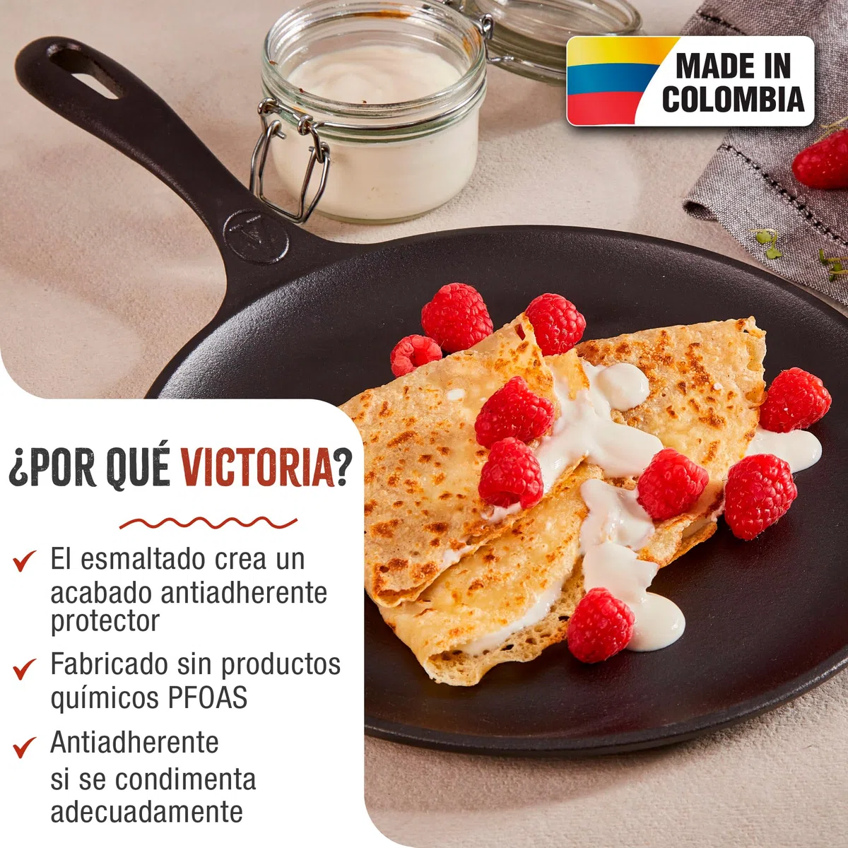 VICTORIA Plancha Cocina Inducción Comal Hierro Fundido Esmaltado para Pizza, Tortillas 26,6cm, Fuego, Barbacoa, Horno, Vitrocerámica, Gas, Sartén Libre de Tóxicos sin PTFE