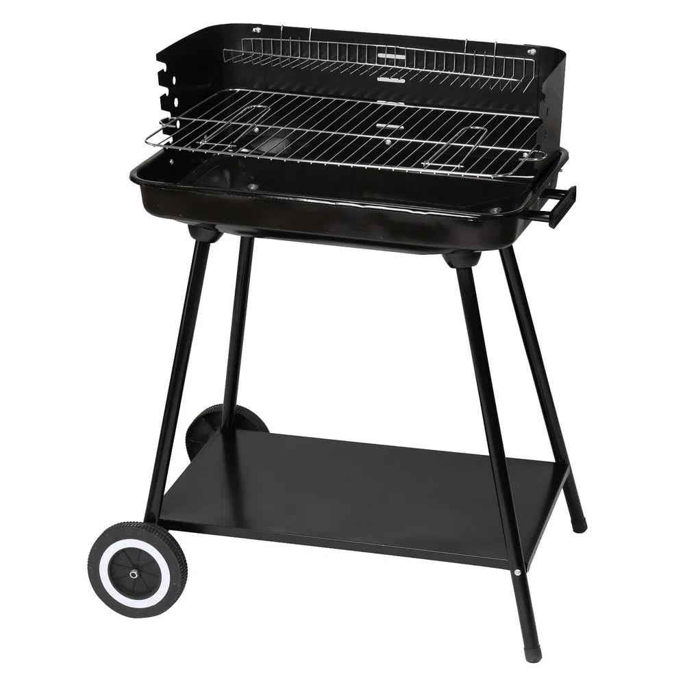 LOLAhome Barbacoa de carbón negra | De 64x38x82cm | Regulable 4 alturas, Doble parrilla Cocinar y Calentar, fácil montaje, fácil guardado | Para 10 comensales | Barbacoa jardín