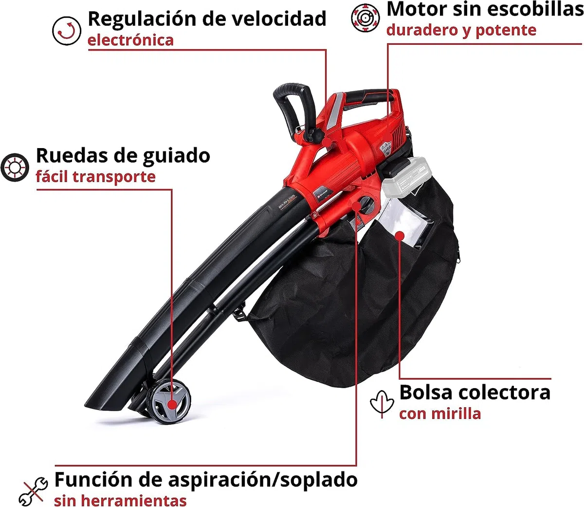 Einhell GE-CL 36 Li E Solo - Aspirador-soplador de Hojas con tecnología Power X-Change 2x18V (Flujo de Aire de 210 km/h, Bolsa de 45 l, 8000-13000 RPM) (Ref. 3433600)