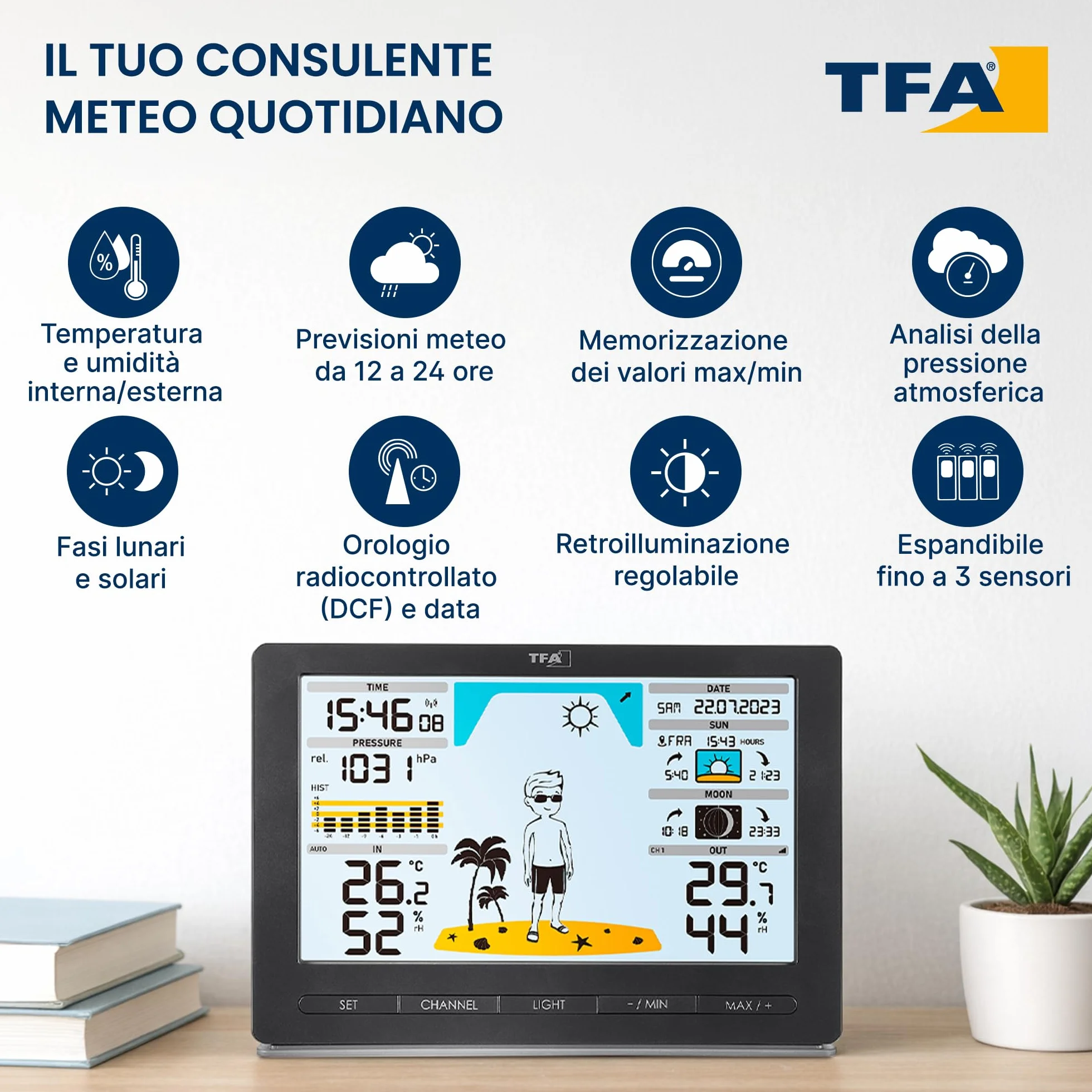 TFA Dostmann Estación meteorológica inalámbrica METEO JACK, 35.1097.01, incl. transmisor, con pronóstico meteorológico, presión atmosférica, fase lunar, salida y puesta del sol, reloj y día de la