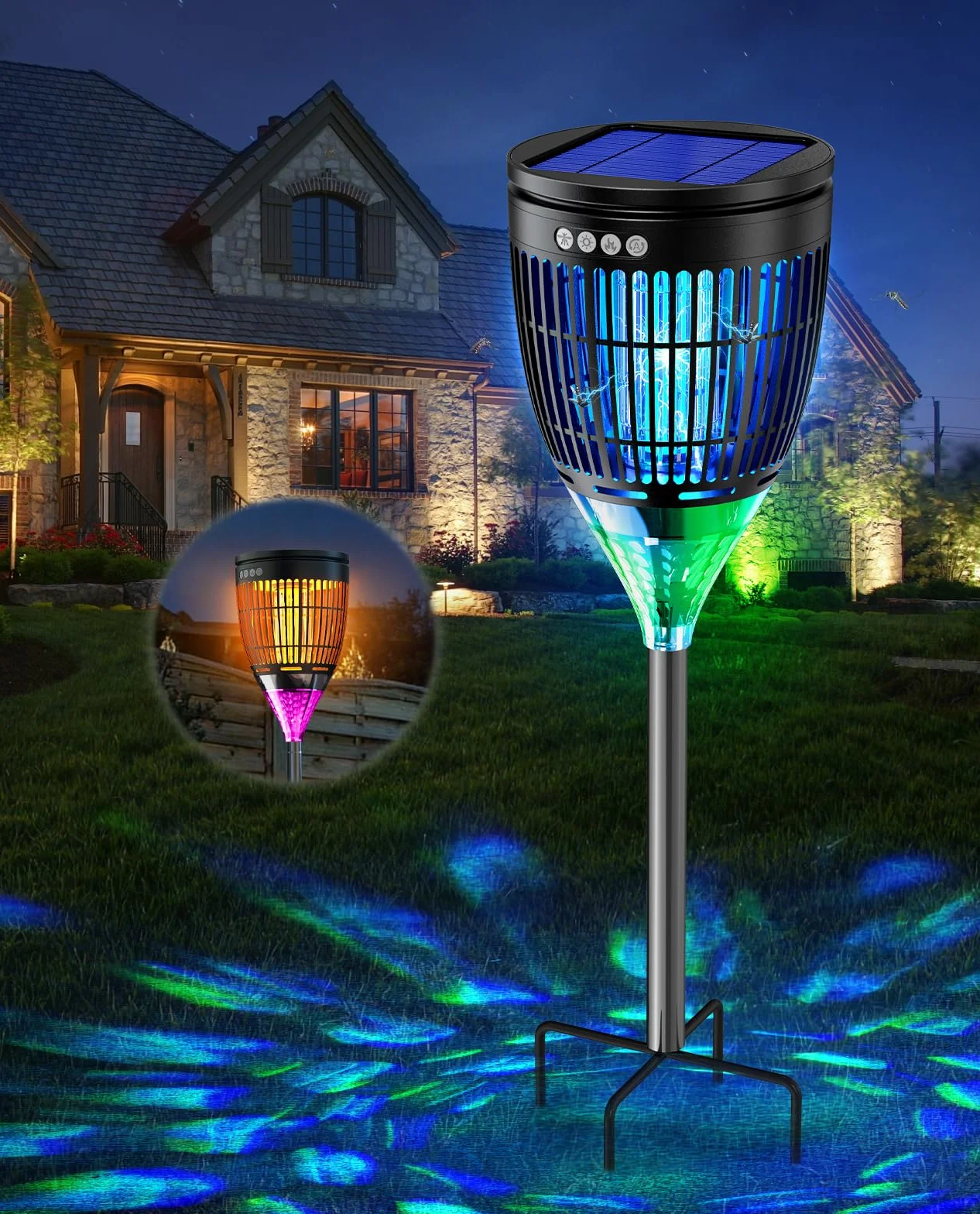 Lámpara Antimosquitos Solar de Exterior, Mata Mosquitos Eléctrico 4200V, Impermeable IPX5, Recargable USB-C, Matamoscas Eléctrico Sin Cables con Estaca para Jardín, Césped