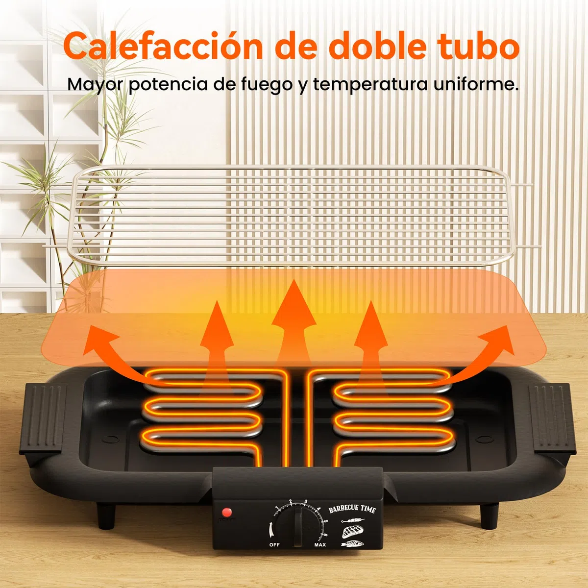 Parrilla eléctrica para barbacoa, antiadherente y sin humo, para interiores y exteriores, 2000 W, doble tubo, alta potencia, portátil, con soporte extraíble para barbacoas (negro)
