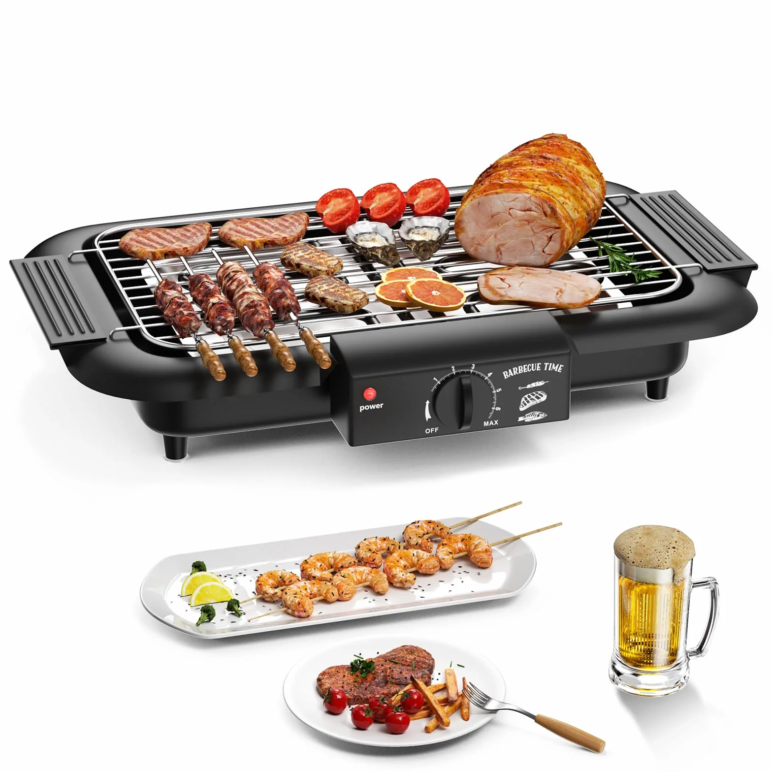 Parrilla eléctrica para barbacoa, antiadherente y sin humo, para interiores y exteriores, 2000 W, doble tubo, alta potencia, portátil, con soporte extraíble para barbacoas (negro)