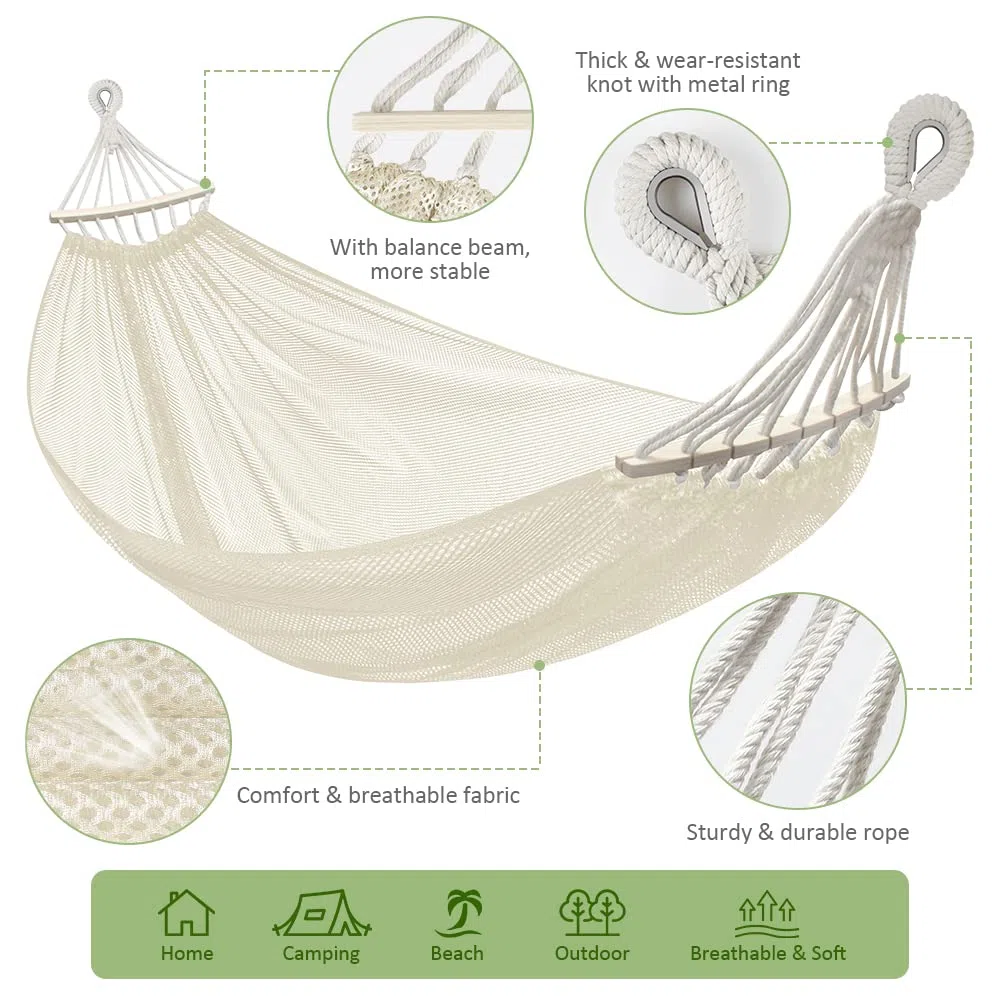 Hamaca Colgante de Red, Hamaca Jardin Exterior Hamaca Camping con Travesaños de Madera, 290 x 150 cm, Capacidad de Carga de 250 kg, Blanco