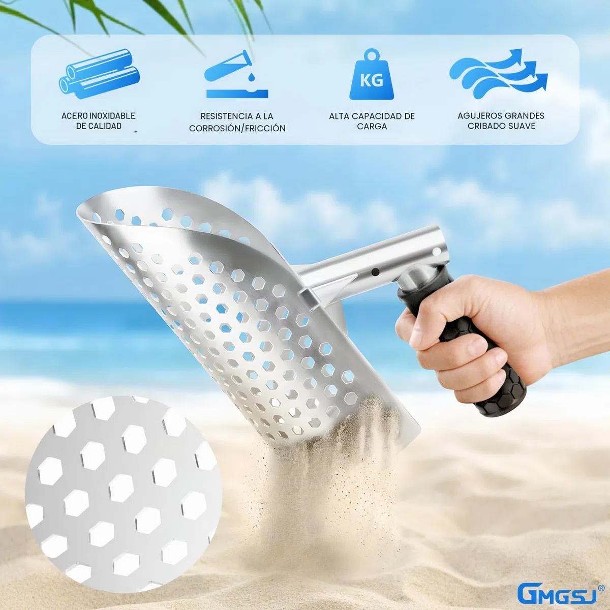 Pala de Arena de Playa, Herramienta de detección de Metales con Mango Antideslizante para la detección rápida de Metales en el Agua y en la Playa, con Tres Extensiones de Acero Inoxidable