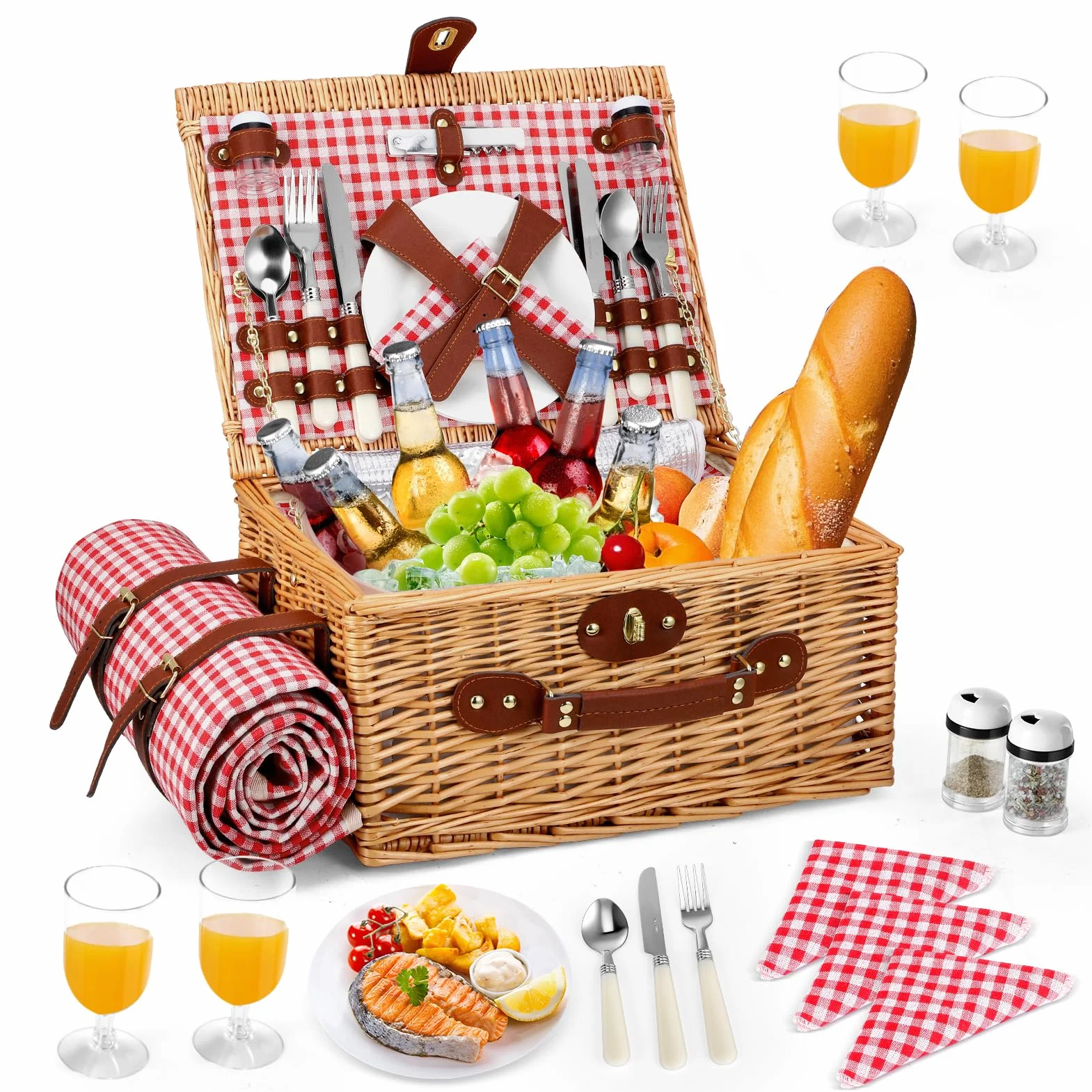 Juego de Cestas de Picnic para 4 Personas, Cesta Picnic Vintage, con Compartimento Refrigerante, Cubiertos, para Acampada, Fiesta al Aire Libre, Playa, Senderismo, Rojo