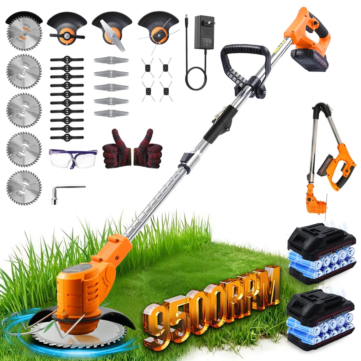 Desbrozadora Eléctrica 4 en 1 850W, Desbrozadora a Batería, Cortabordes Eléctrico con 2 Baterías, 4 Tipos de Cuchillas y Diseño Plegable, Ideal para Jardín, Césped y Poda de Arbustos