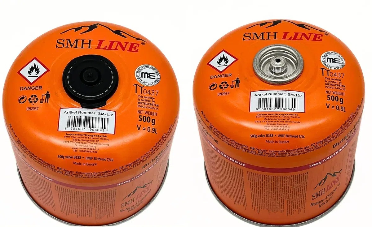 SMH LINE Cartucho de tornillo butano 12 x 500 g rosca universal 7/16 cartuchos de gas Cartucho de válvula EN 417 rosca Quemador de alambre Propano Mezcla de cocina de camping, estufa de gas