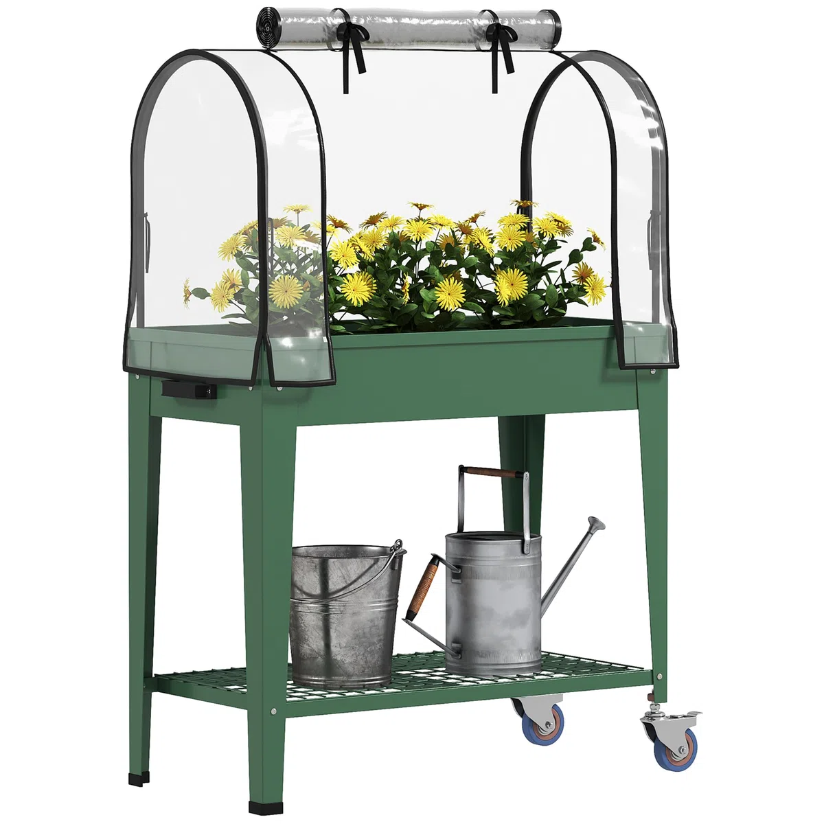 Outsunny Huerto Urbano Elevado con Ruedas, Mesa de Cultivo con Cubierta PVC de Invernadero y Estante Inferior para Cultivo, Plantas, Flores y Verduras, 80x40x120 cm, Verde