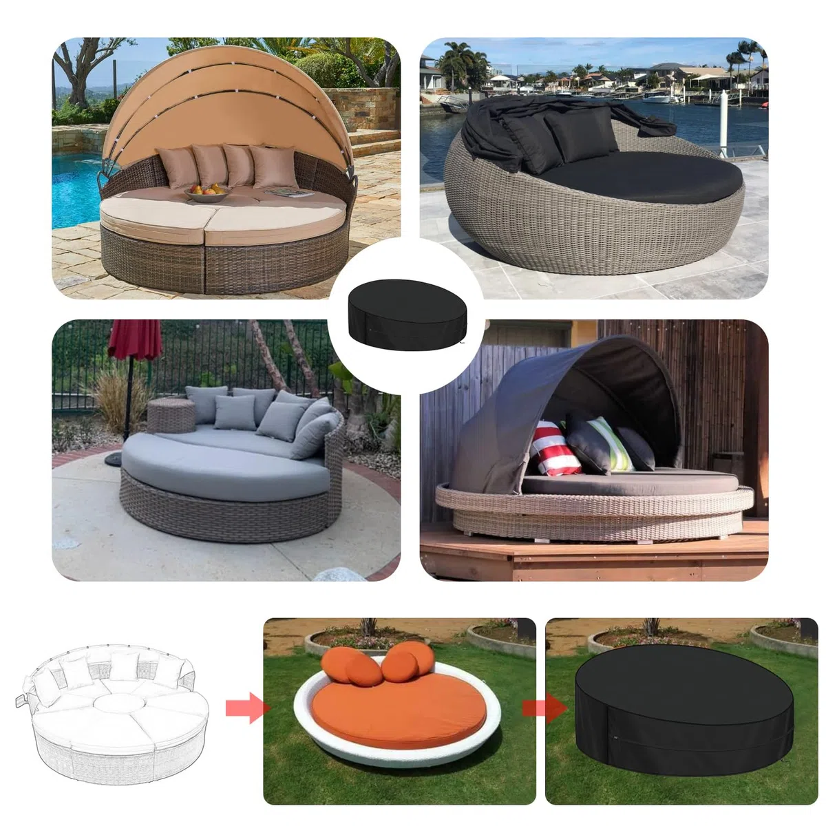 LAMUNI Funda Cama Jardin Impermeable 250x90/50cm Funda de Cama Redonda Cubierta Sofa Cama Exterior 420D Tela Oxford Funda Sofá Cama de Exterior Funda Protectora para Isla de Sol