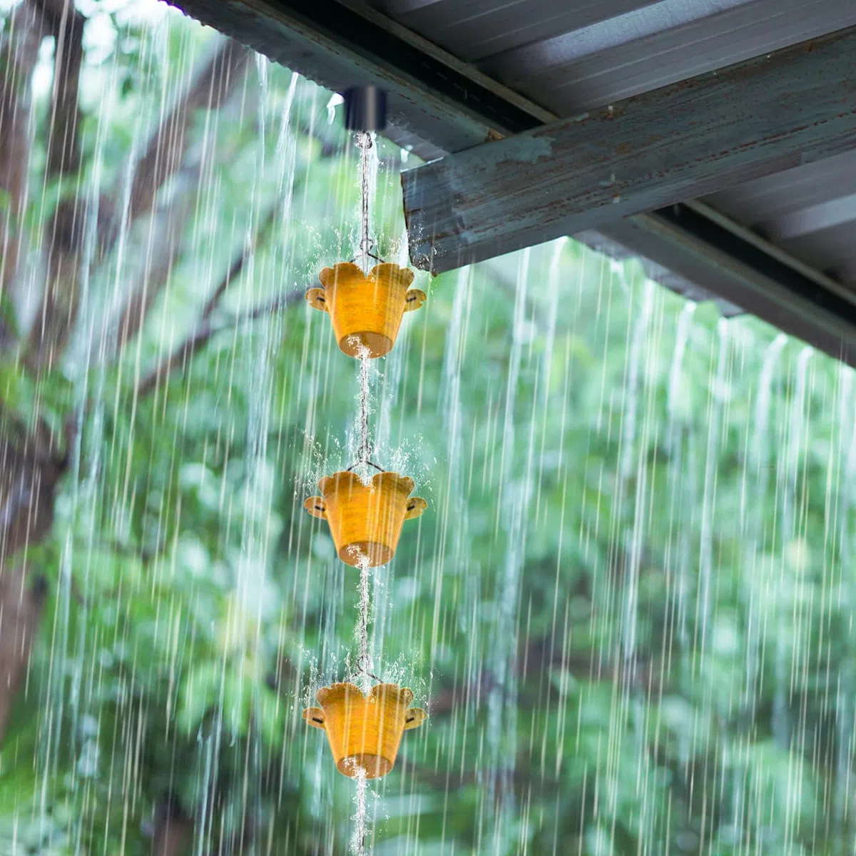 Cadena de Lluvia Cadena de Lluvia de Metal de Longitud 2.3 m, Manguera de Descenso de Repuesto para Canaletas, Funcional y Decorativa Cadenas de Lluvia Colgantes (Amarillo)
