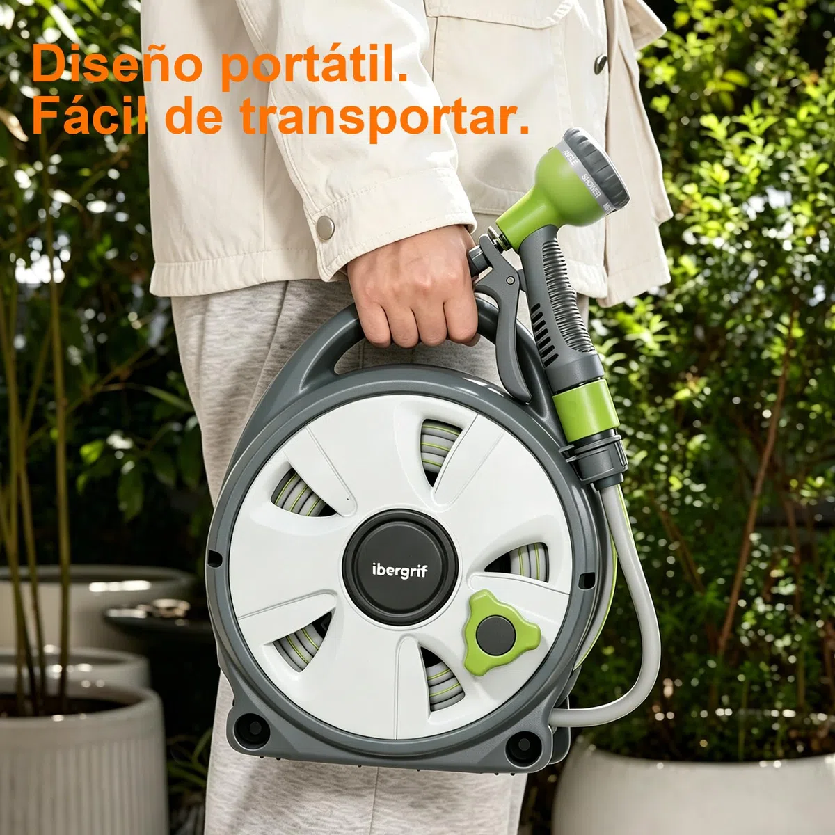 Ibegrif M22220, Enrollador de manguera de jardín, Portamangueras 10 m, Gris/Verde