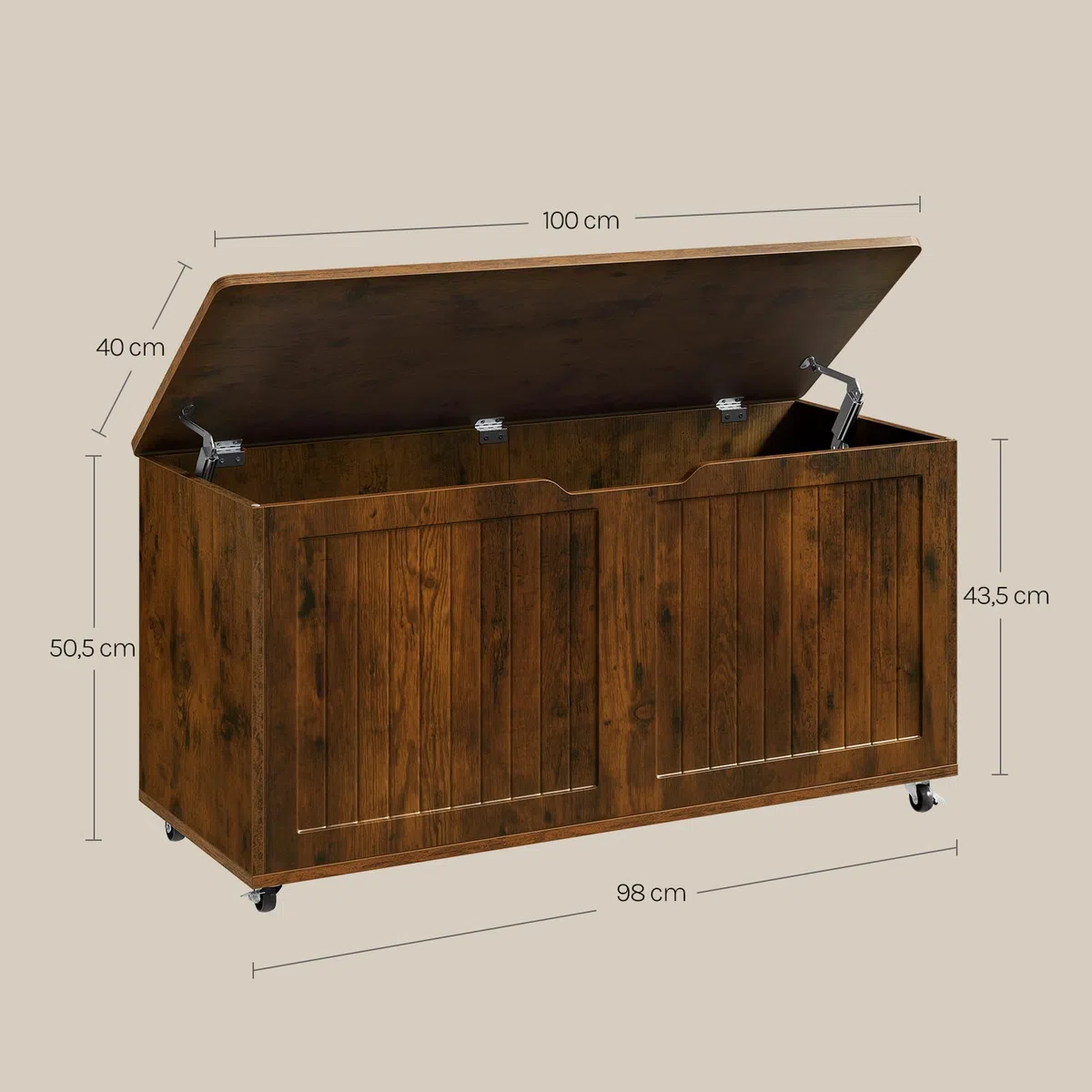 WOLTU Taburete Almacenaje con Ruedas, Baúl Puff Almacenamiento, Otomano Reposapiés Rectangular 100x40x50,5 cm, para Salón, Dormitorio y Entrada, Marrón Rústico