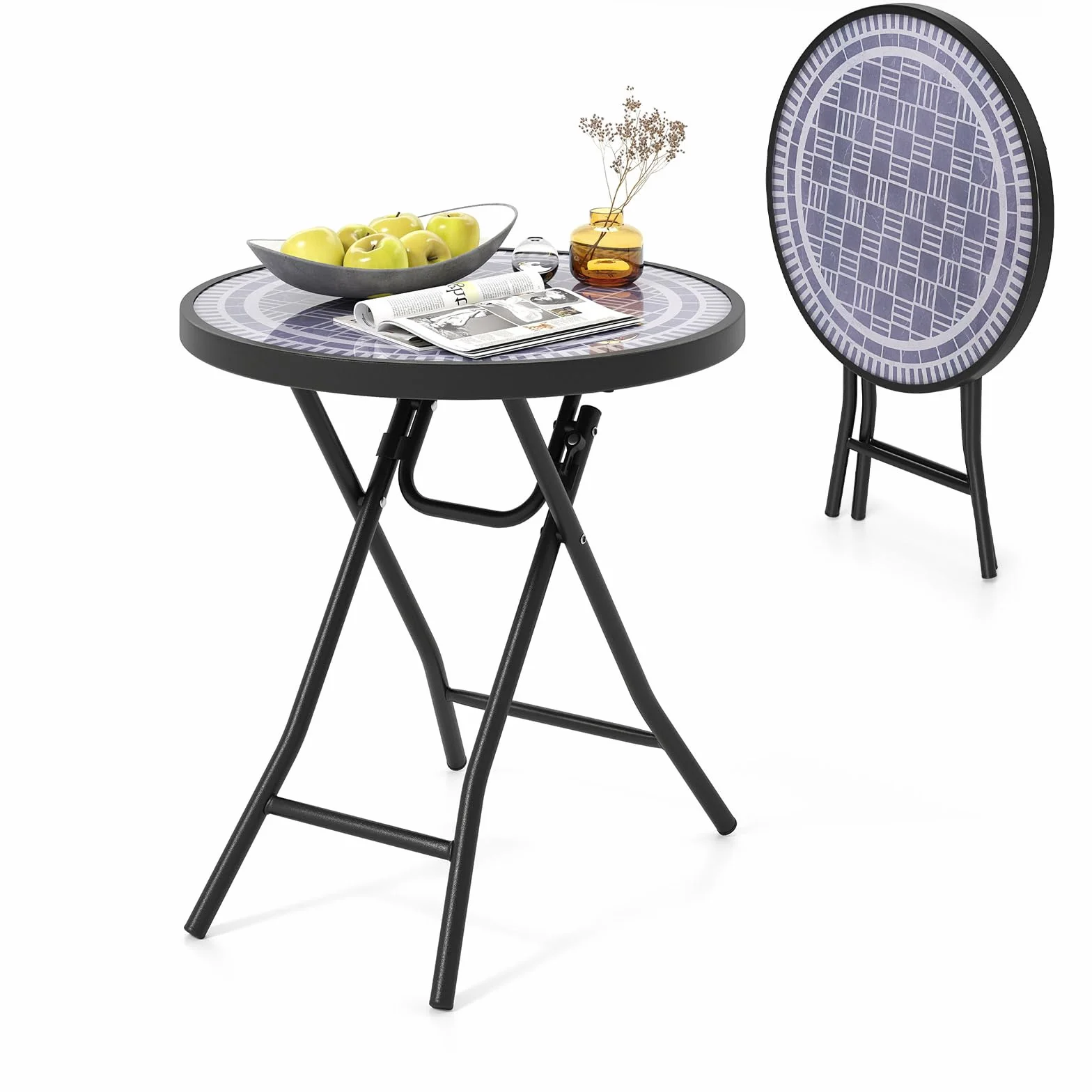 KOMFOTTEU Mesa de Jardín de Vidrio Templado de 46 cm, Mesa Auxiliar Plegable con Marco de Metal, Mesa de Comedor Redonda para Patio, Terreza, Balcón, Mesa Lateral para Interior y Exterior (Gris)