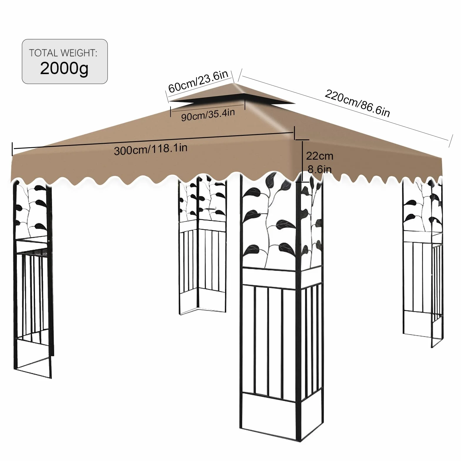 Techo de Repuesto 3 x 3 m para Cenador de Jardín, Resistente al Agua, 2 Niveles Cubierta para Carpa Pabellon, Techo de Repuesto Desmontable para Camping, Playa, Barbacoa Gazebo