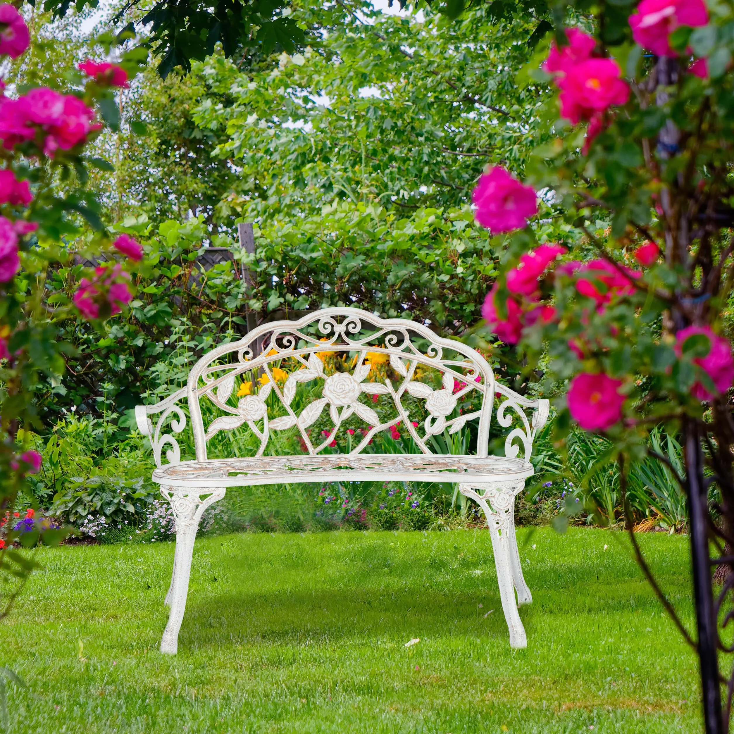 Relaxdays Banco Jardín Retro, 2 Plazas, Rosas, Envejecido, 78 x 98 x 57 cm, Aluminio y Hierro Fundido, Blanco y Bronce
