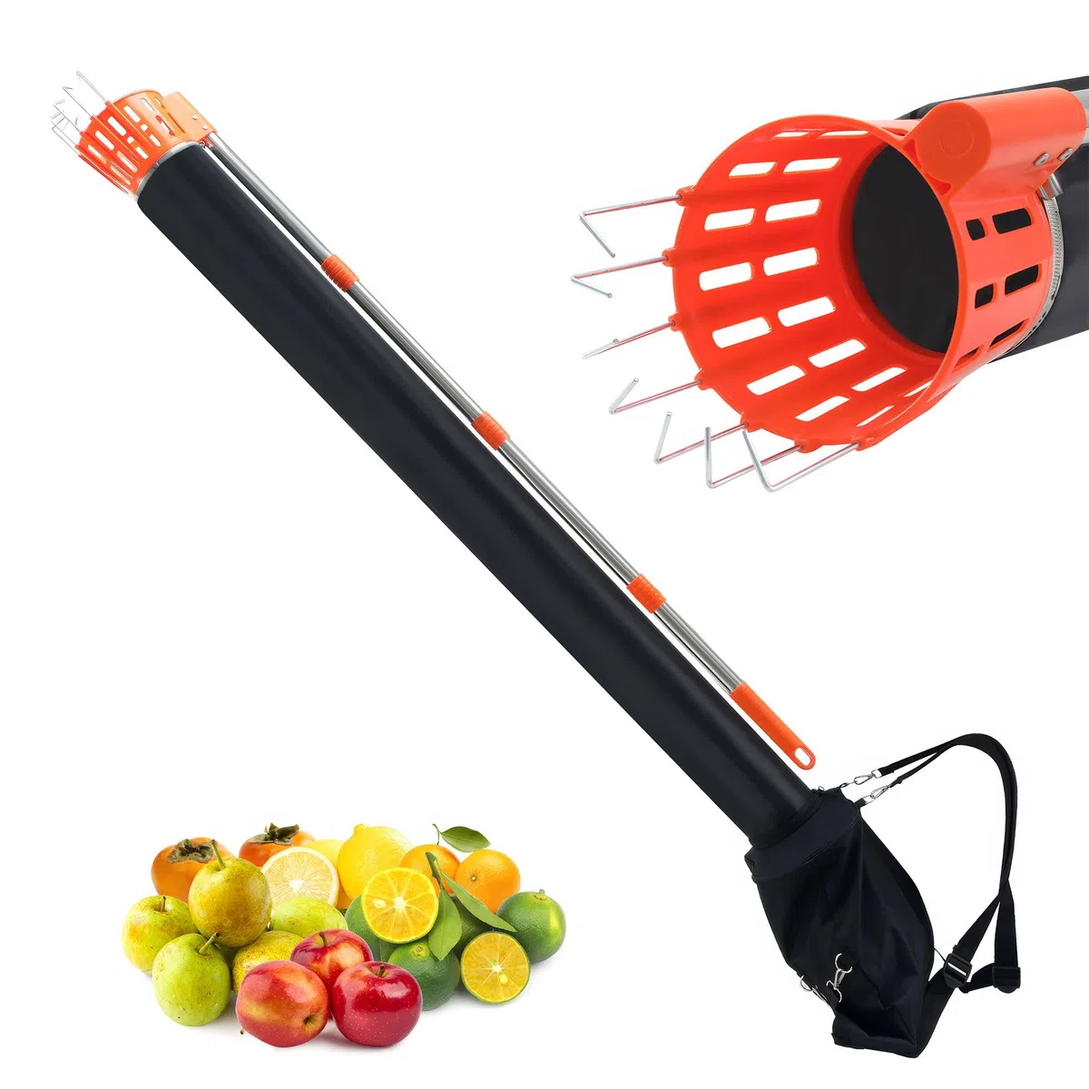 BOUDECH Pamatik – Recolector de frutas con embudo con mango telescópico de 4 m con soporte y bolsa de tela para recoger manzanas, naranjas, peras naranja y negro