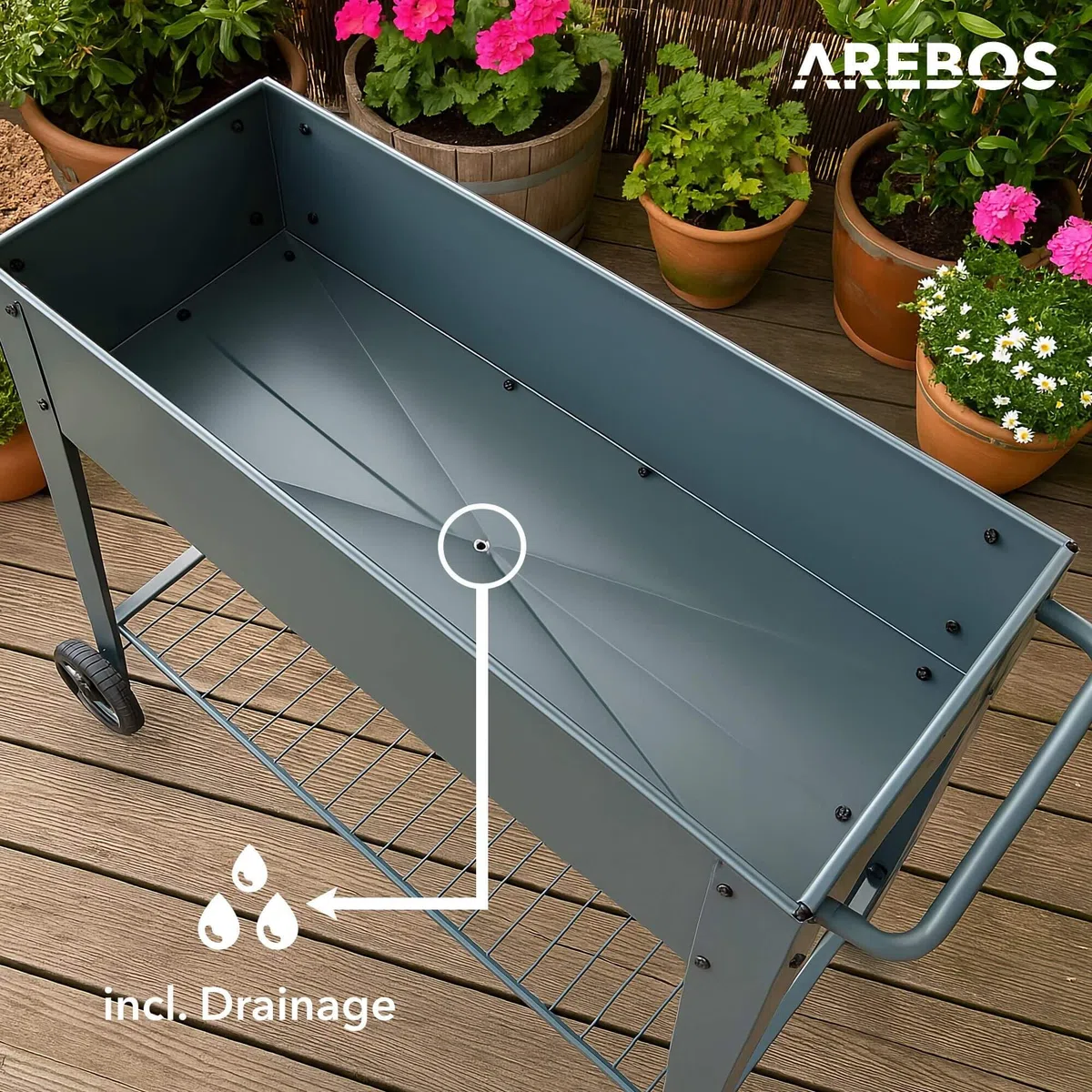 Arebos Banco Elevado con Ruedas y Estante 108 x 51 x 80 cm | Ideal para Cultivo de Verduras, Frutas y Hierbas Aromáticas | Invernadero, Jardinera para Jardín, Terraza o Balcón