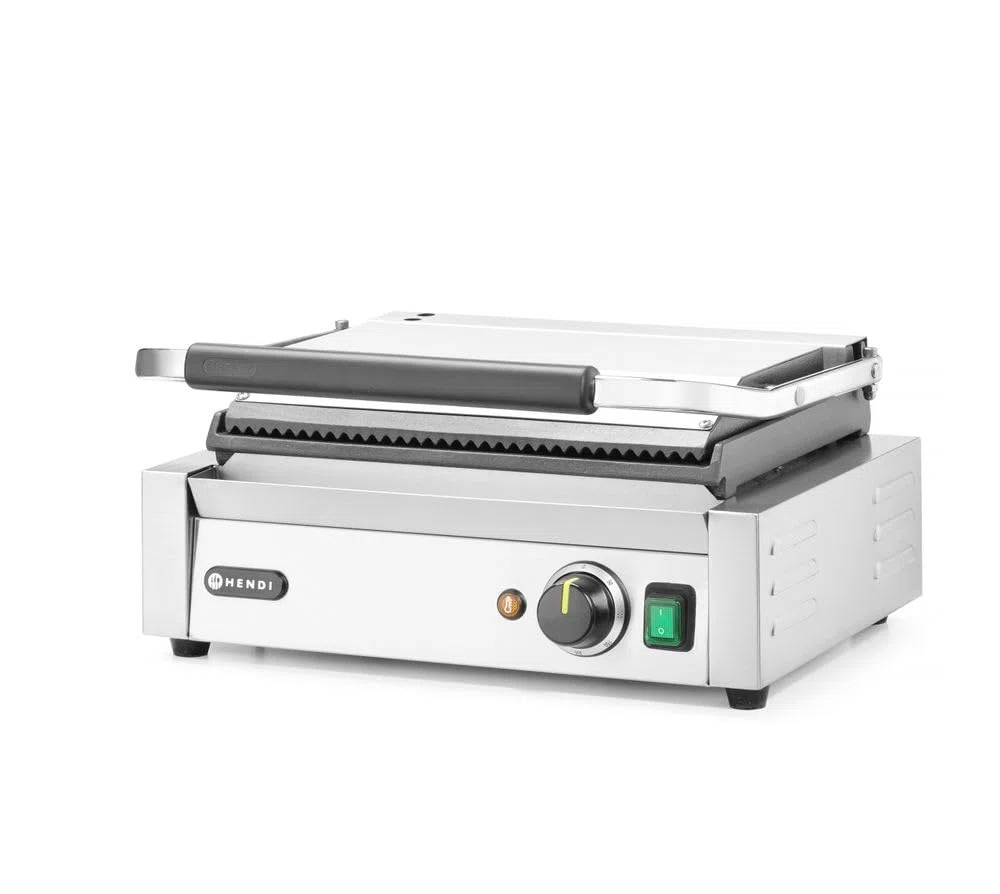 HENDI Parrilla Eléctrica de Contacto, Grill/Plancha Panini y Sandwichera Profesional, Placas Acanaladas y Lisas de Hierro Fundido Esmaltado, 230V, 2200W, 430x375x(H)216mm, Acero Inoxidable