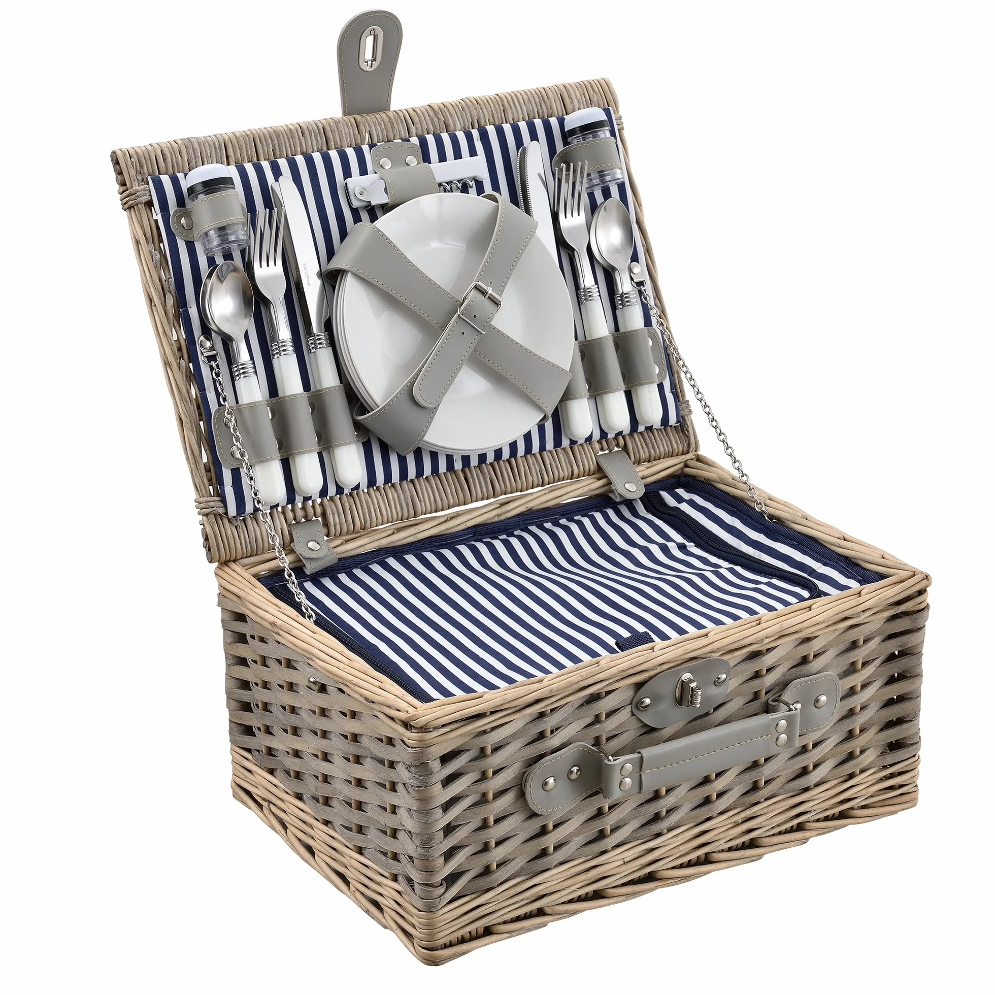 Cesta de pícnic para 4 Personas - Set de pícnic con Nevera, Incluye Platos, Cubiertos, sacacorchos y Vasos (Blanca/Azul)
